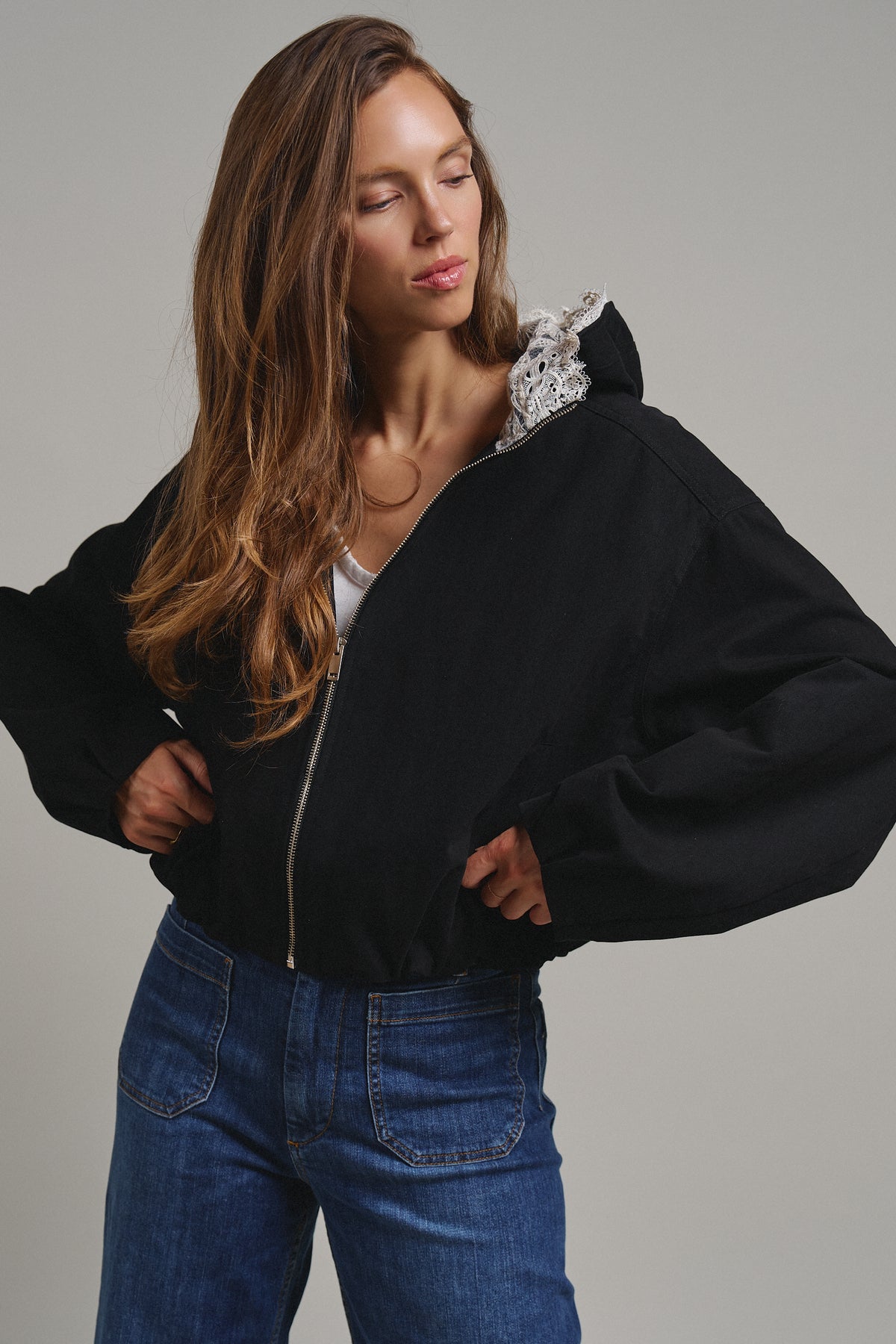 Lace-Lined Hooded Cotton Zip Jacket