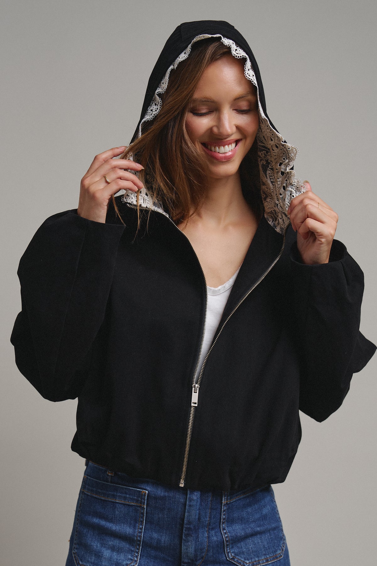 Lace-Lined Hooded Cotton Zip Jacket