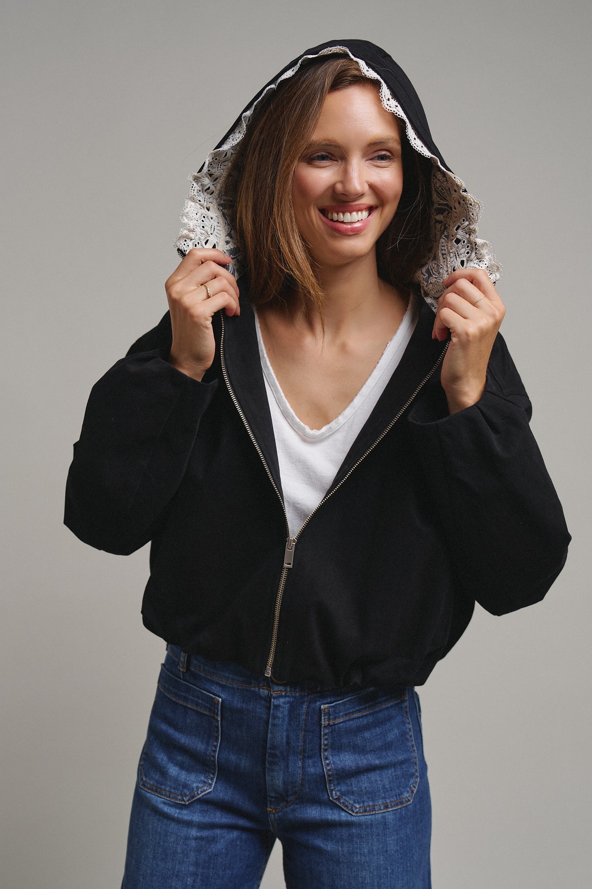 Lace-Lined Hooded Cotton Zip Jacket