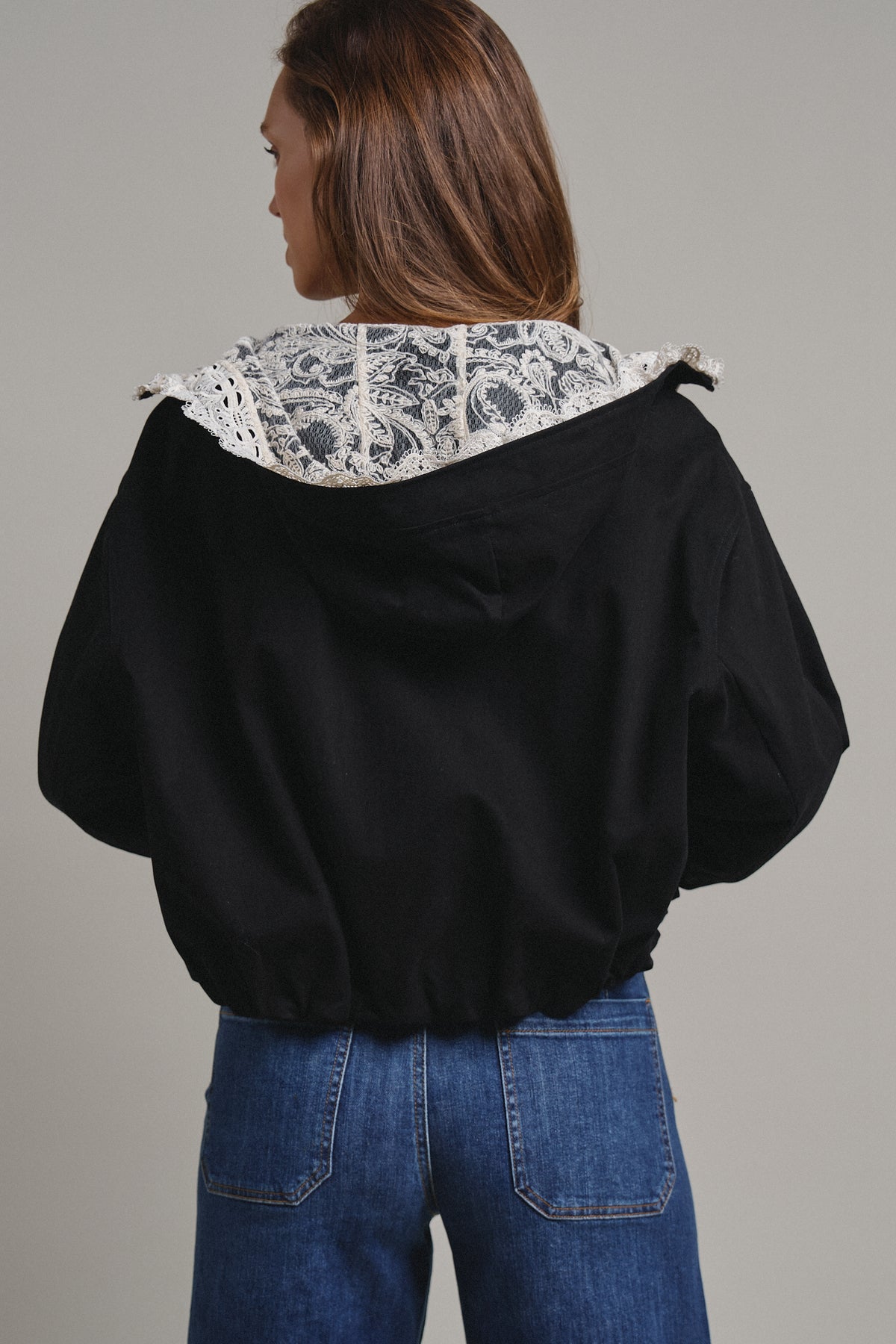Lace-Lined Hooded Cotton Zip Jacket