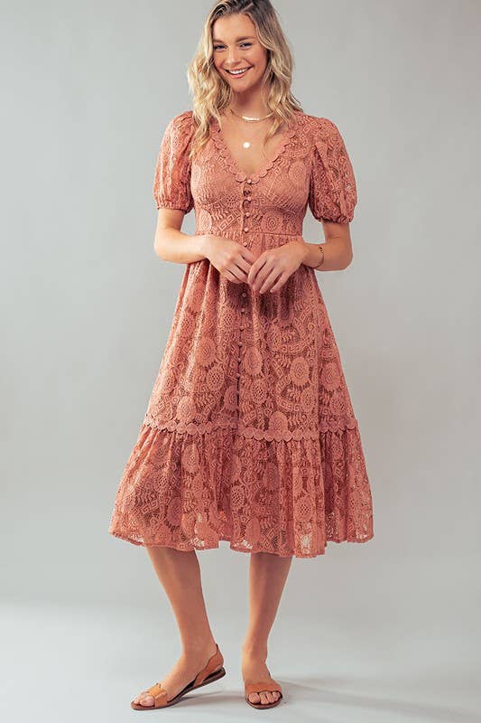 Scalloped Lace Button Front Midi Dress