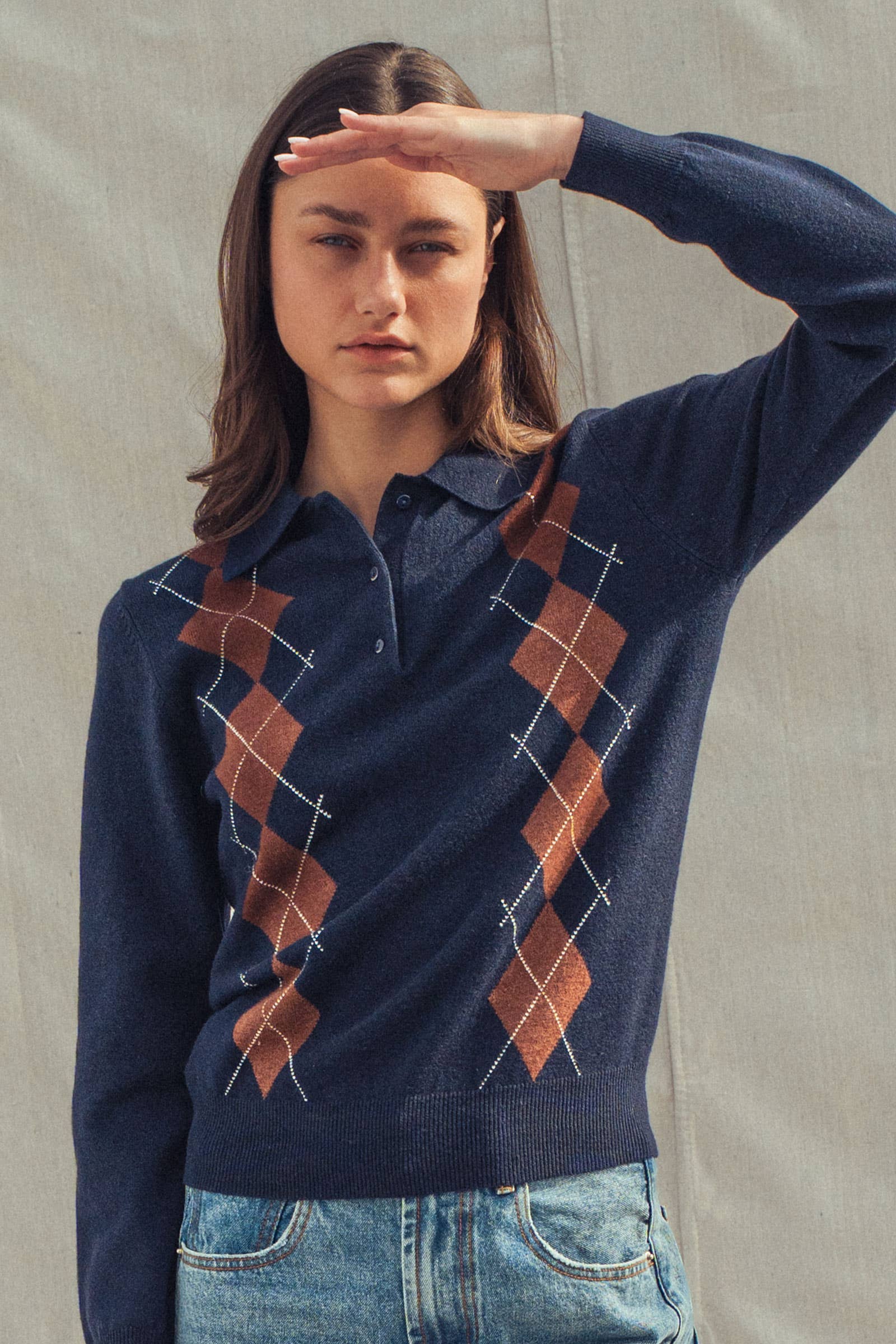 Classic Argyle Knit Polo Sweater