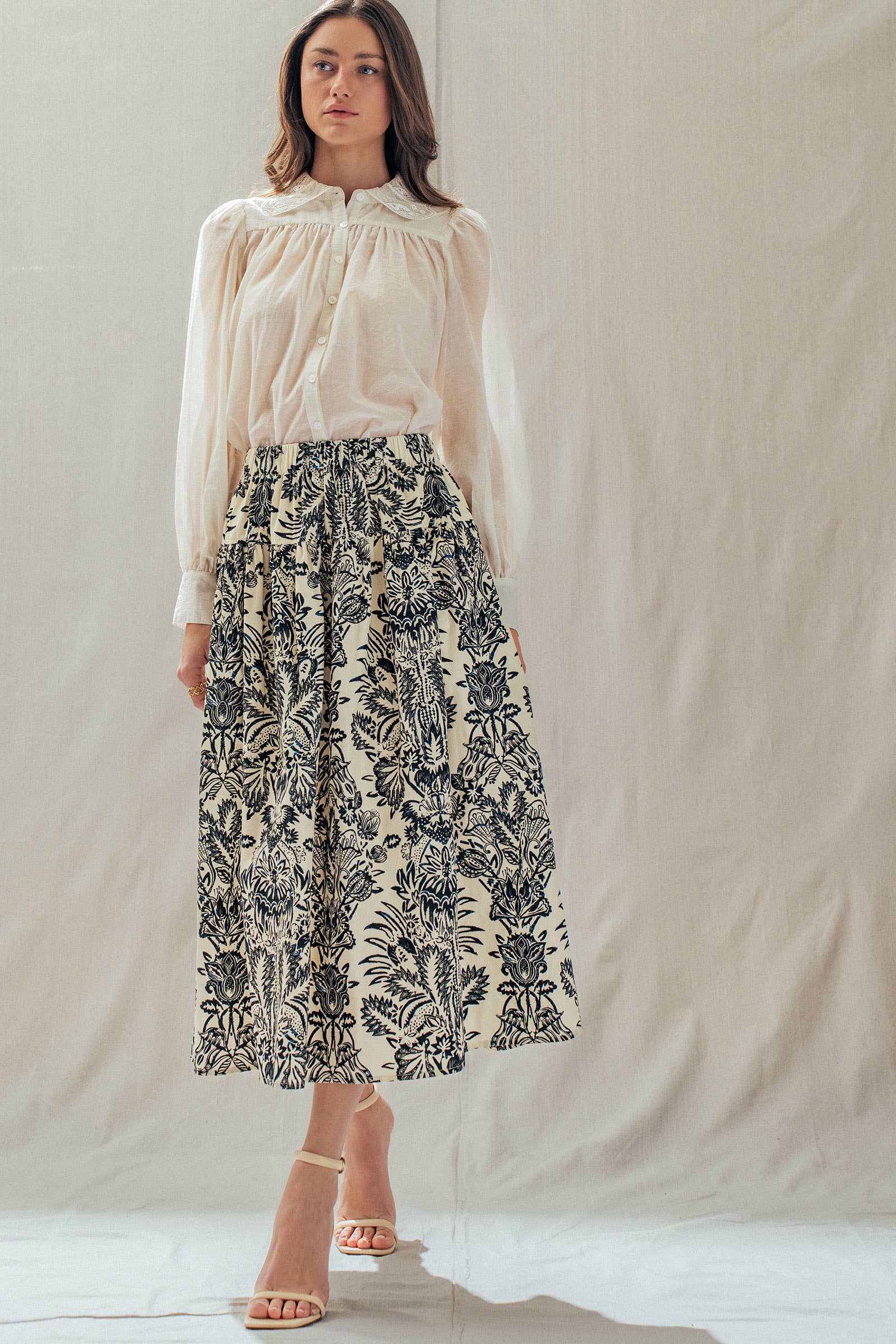 Urban Daizy Botanical Print Cotton Midi Skirt with Pockets Ivory-Black Skirt - Women's (UDSK0102) – alternate view 7