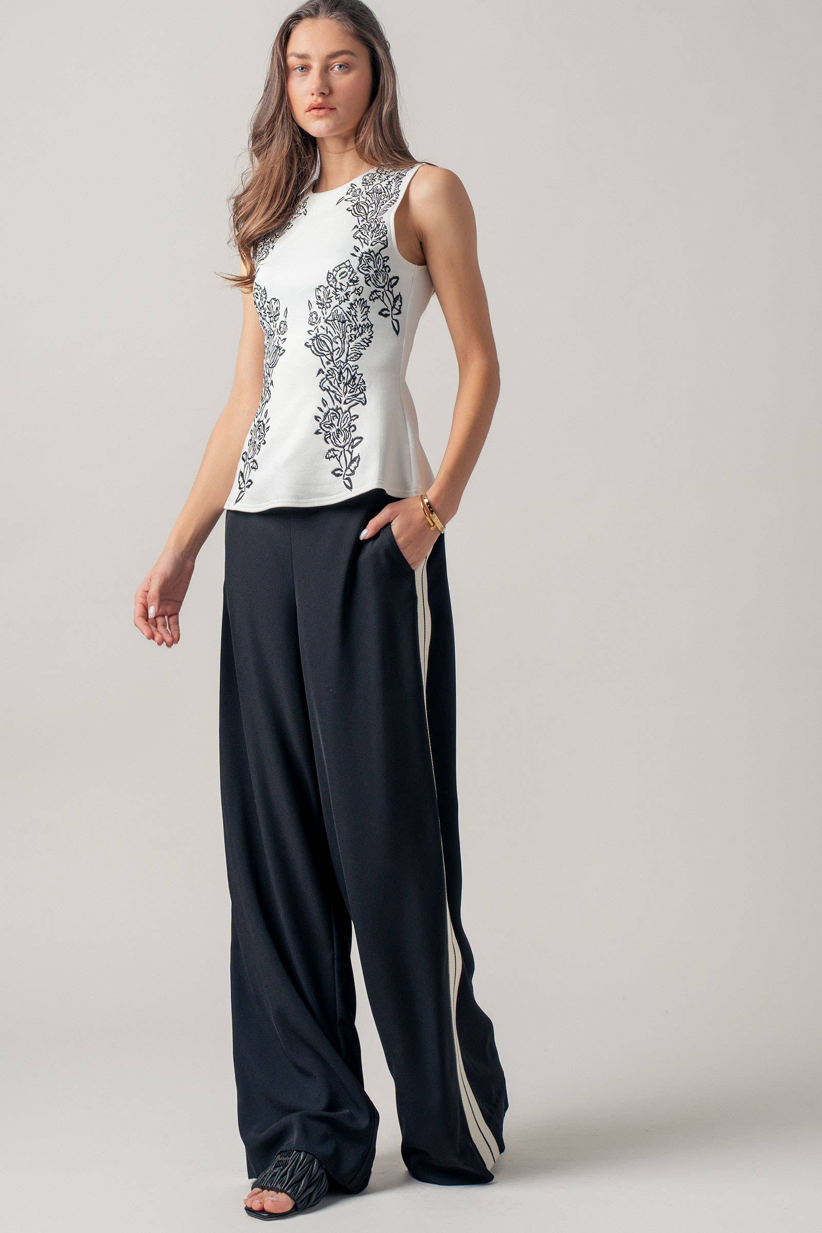 Urban Daizy Floral Embroidered Sleeveless Knit Peplum Top Ivory-Black Tank Top - Women's (UDZ-TP-01059) – alternate view 10