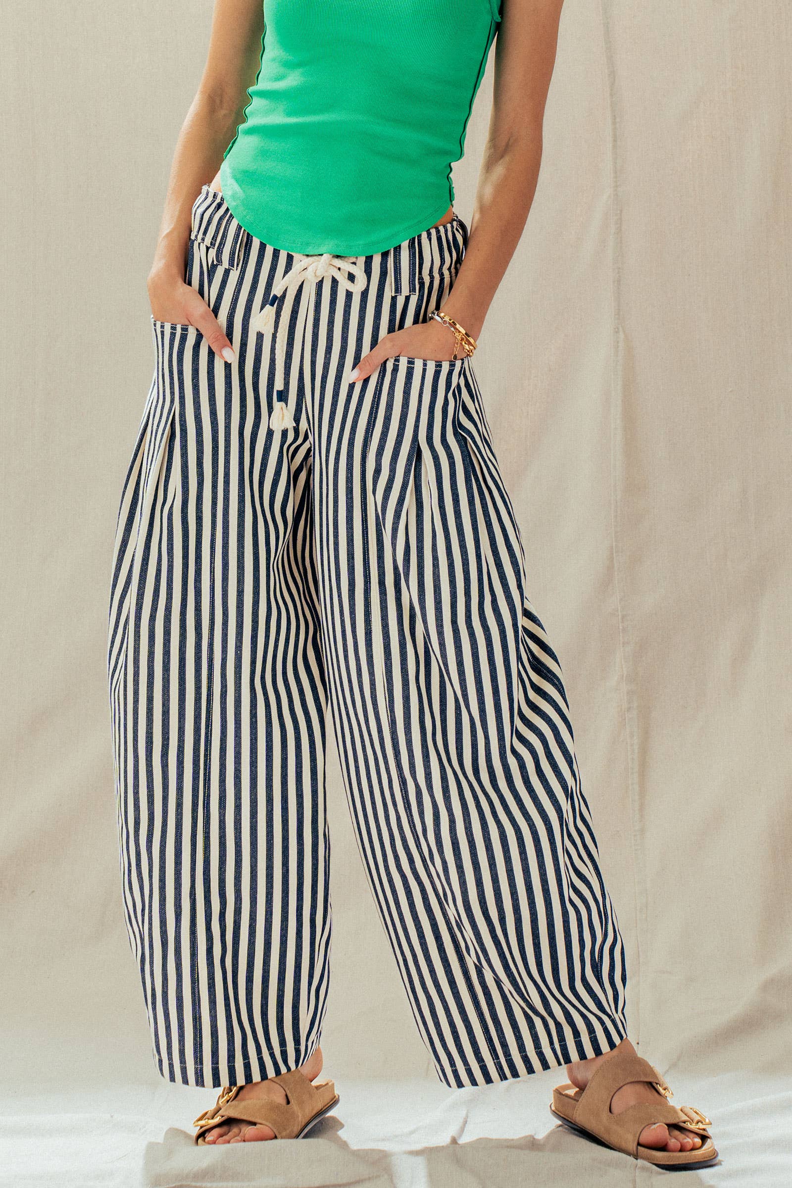 Urban Daizy Rope Drawstring Balloon Pants Pleated Front Brown-Stripe Pants - Women's (UDZ-PT-00481) – alternate view 34