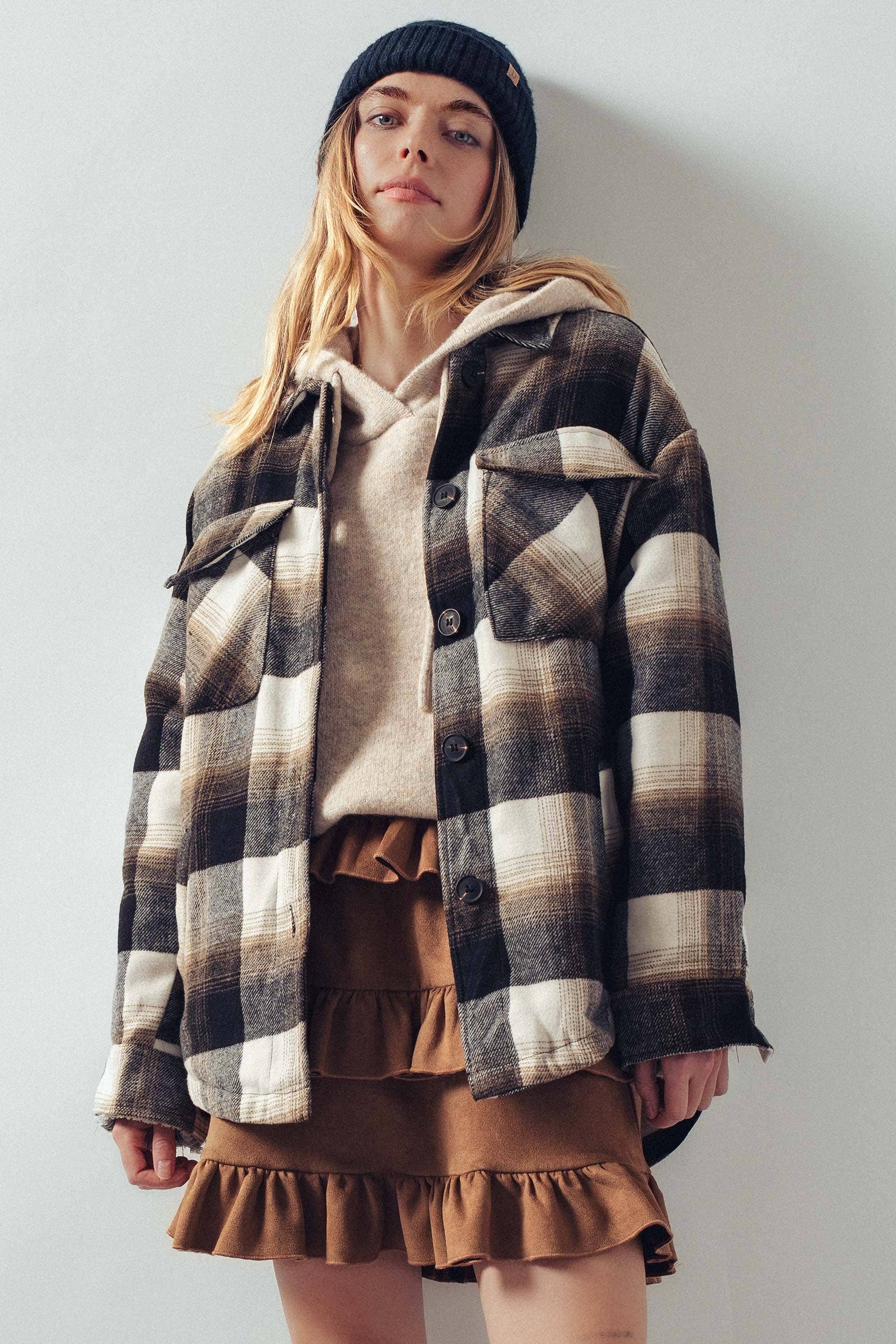 Urban Daizy Oversized Sherpa Lined Plaid Shacket Black Shirt Jacket/Shacket - Women's (UDZ-KN-00657)
