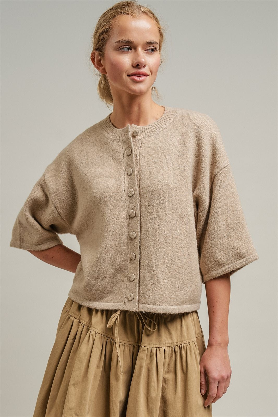 Cropped Knit Button-Front Cardigan Dropped Shoulder