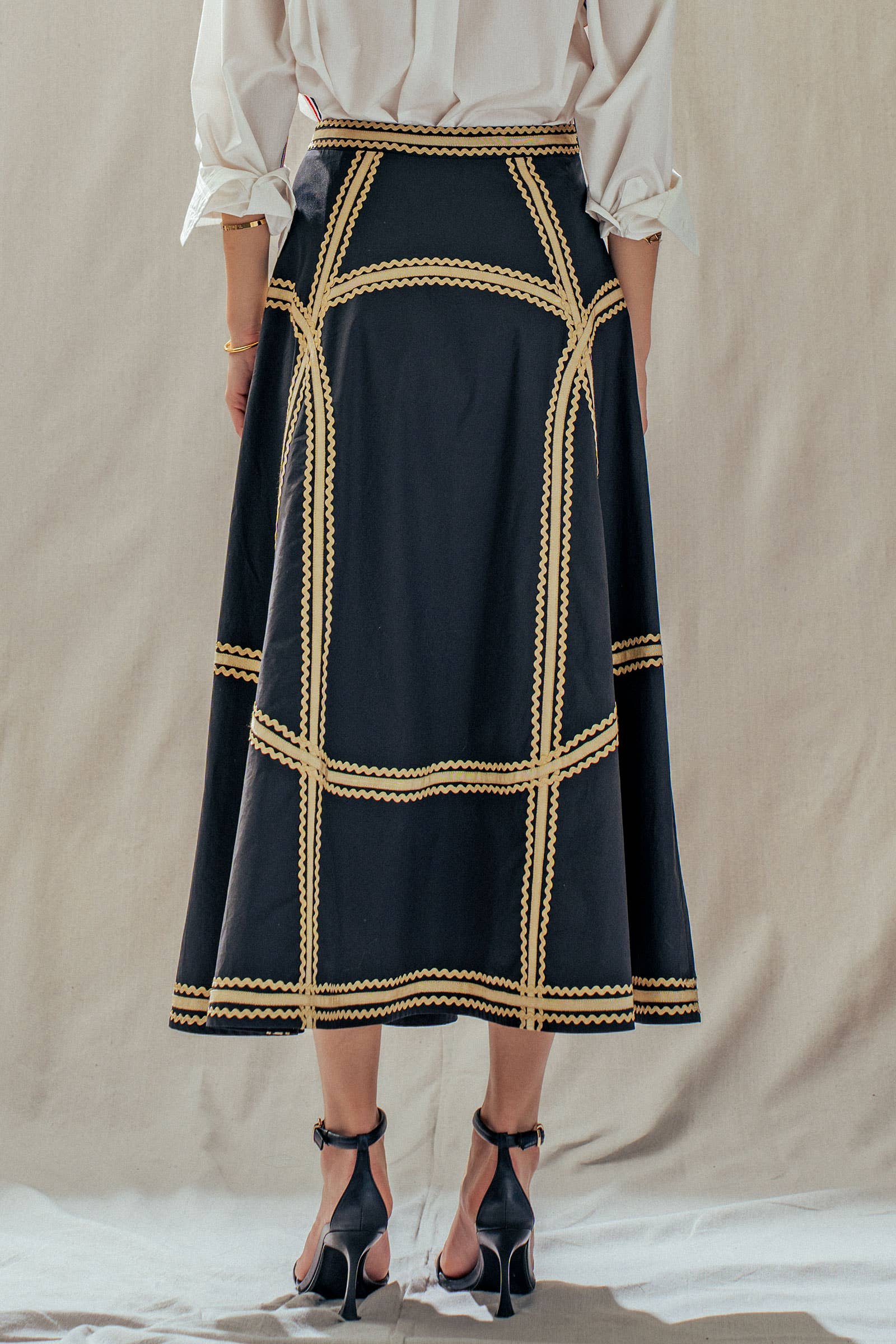 Contrast Rickrack Trim Cotton A-Line Midi Skirt