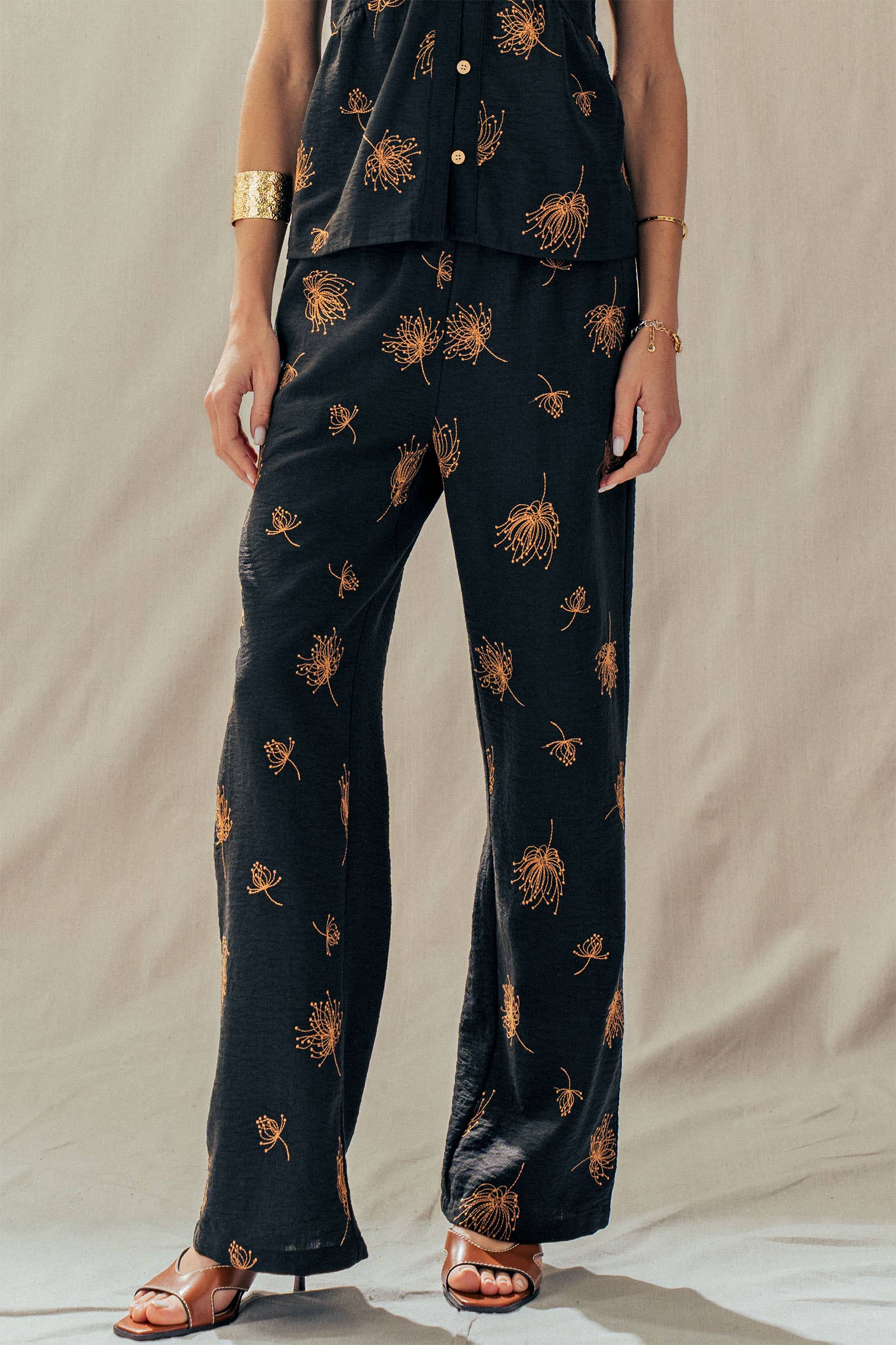Floral Print Wide-Leg Linen Blend Pants