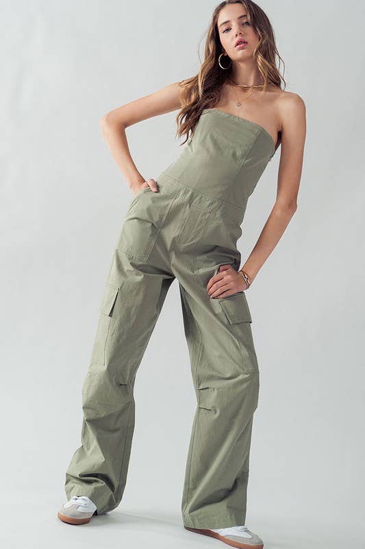 Urban Daizy Strapless Wide Leg Cargo Pocket Artisanal Jumpsuit Moss Jumpsuit - Women's (UDZ-JR-00002) – alternate view 10