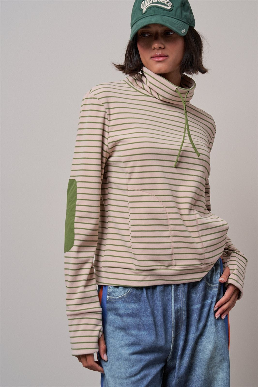 Striped Cowl Neck Drawstring Pullover Sweatshirt in PINK - Women's Sweatshirts & Hoodies | Urban Daizy