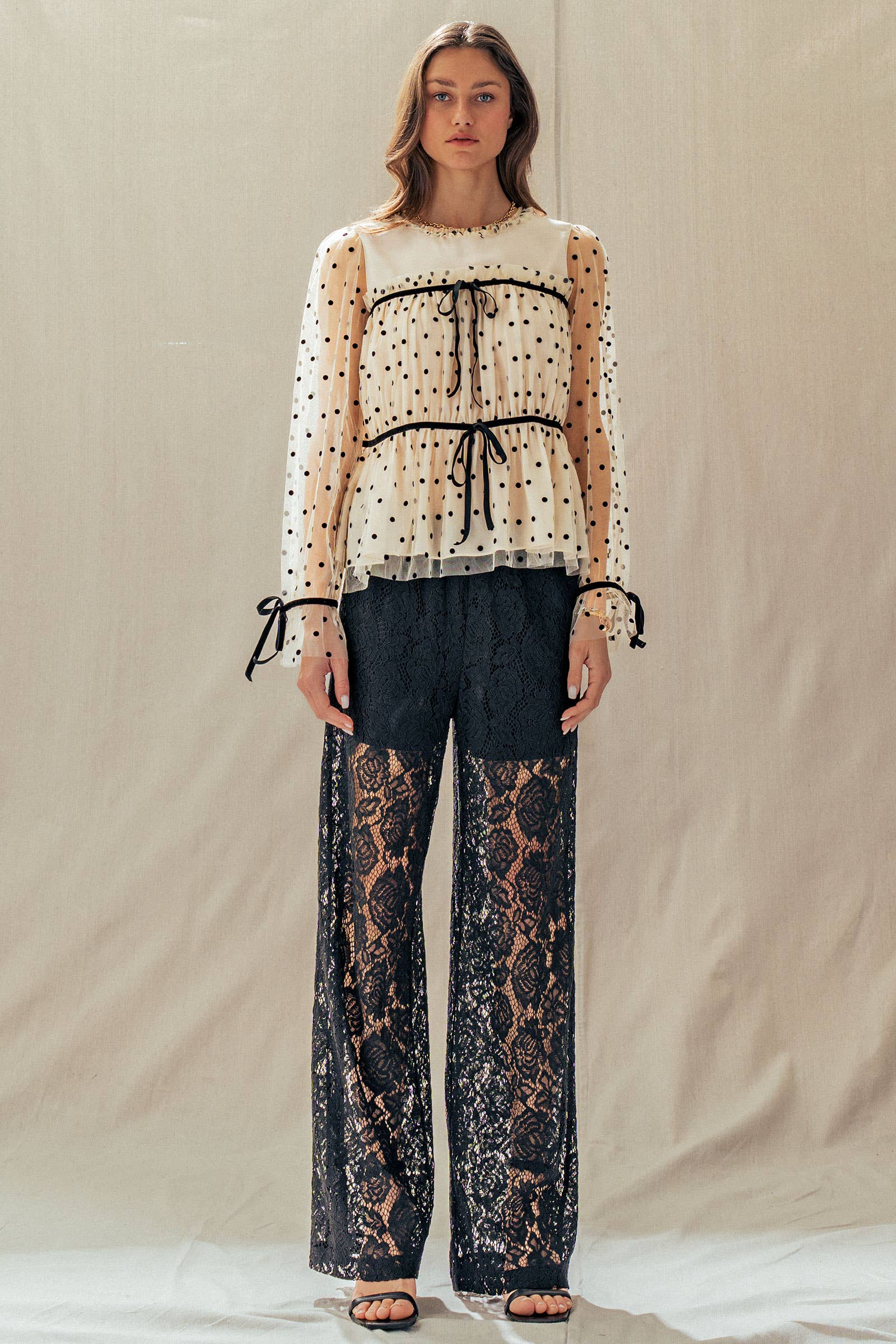 Urban Daizy Polka Dot Mesh Babydoll Top Velvet Bow Tie Ivory-Black Blouse - Women's (UDZ-TP-01052) – alternate view 11
