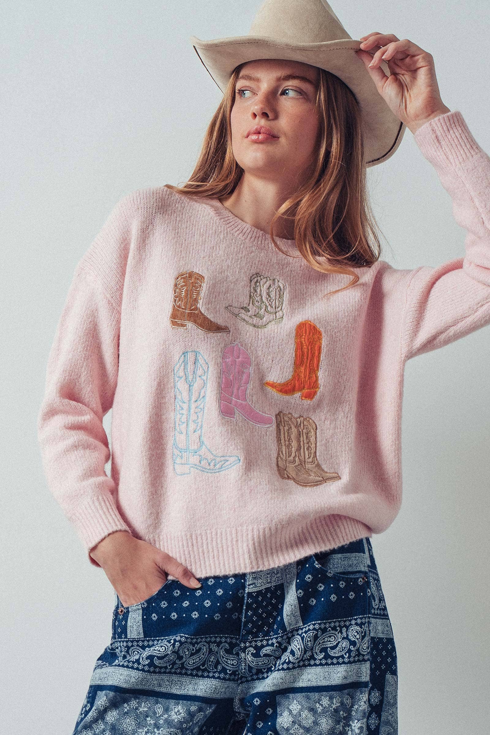 Western Embroidered Cowboy Boot Sweater