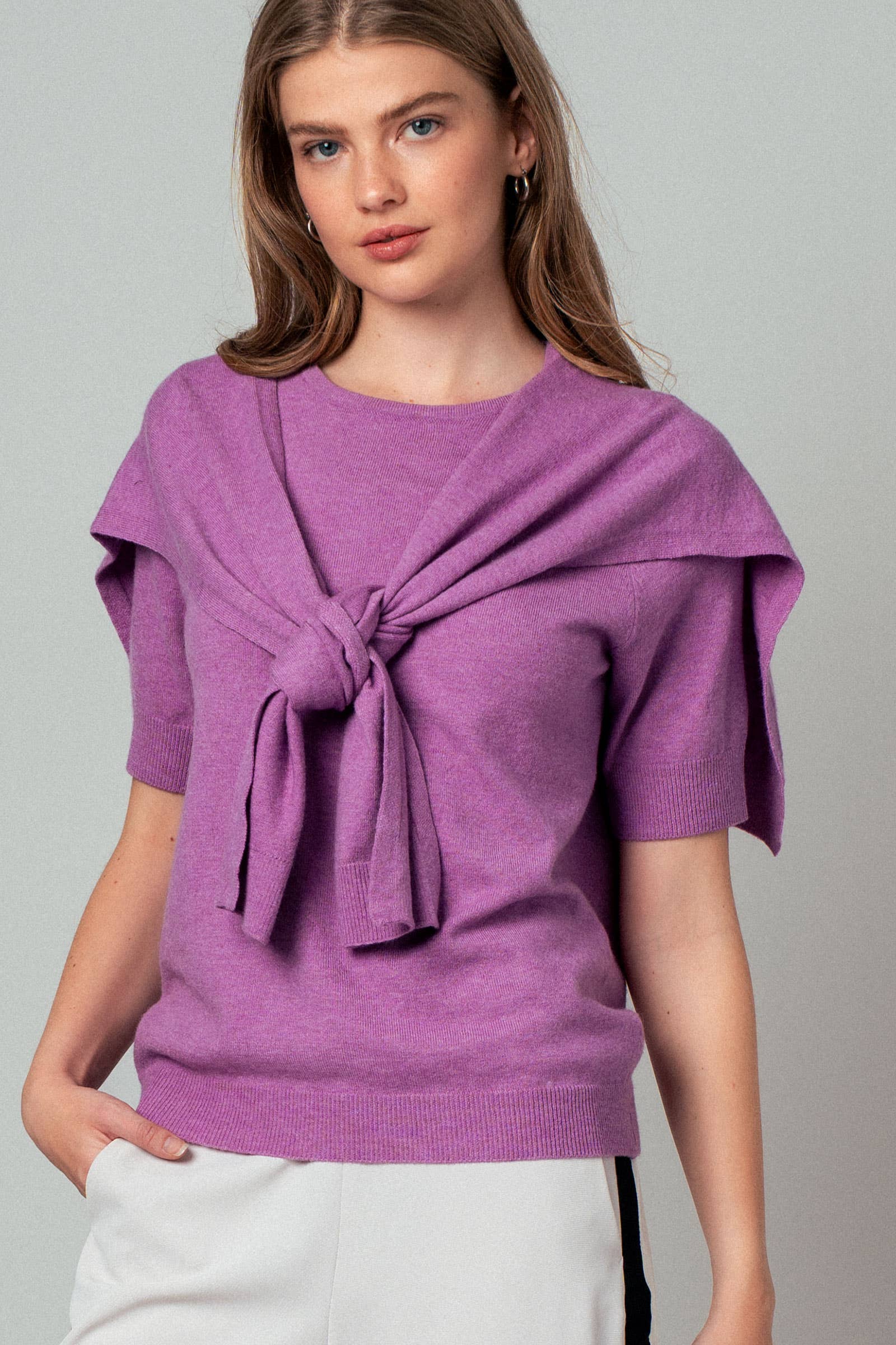 Faux Layered Tie-Front Knit Top