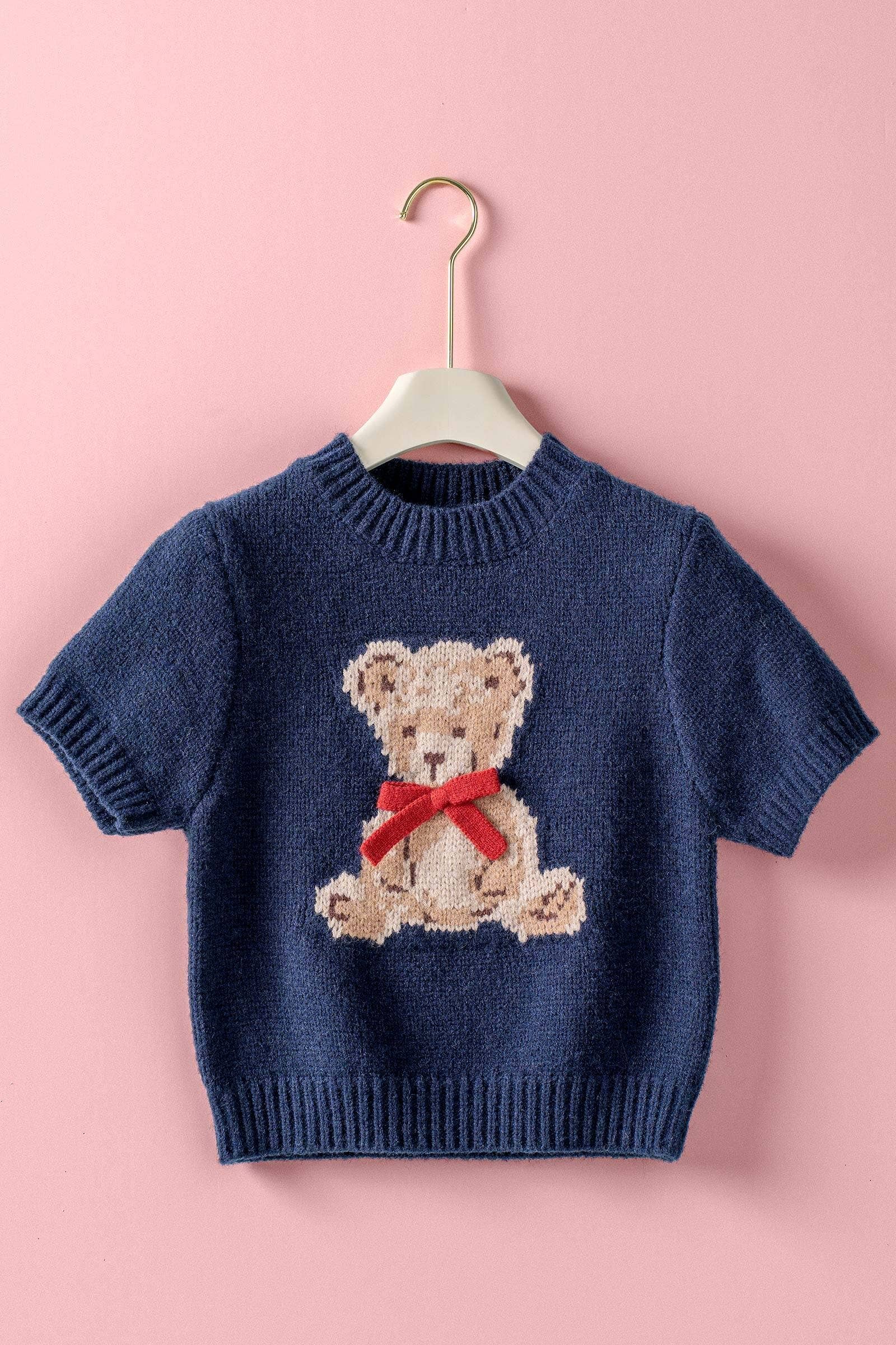 Urban Daizy Coquette Teddy Bear Ribbon Bow Knit Top Navy Knit Top - Women's (TNSW1128)