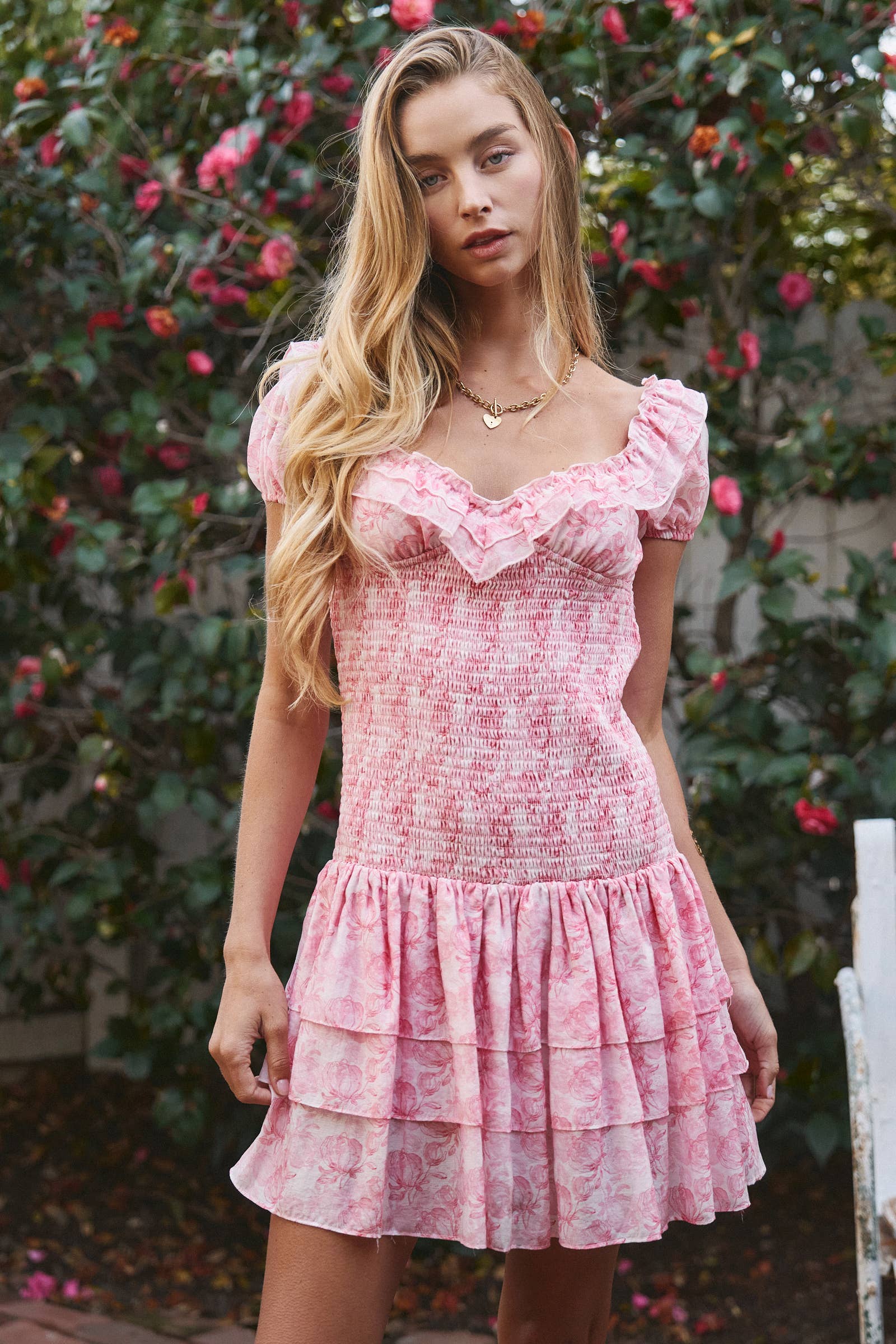 Pink Floral Smocked Ruffle Tiered Mini Dress