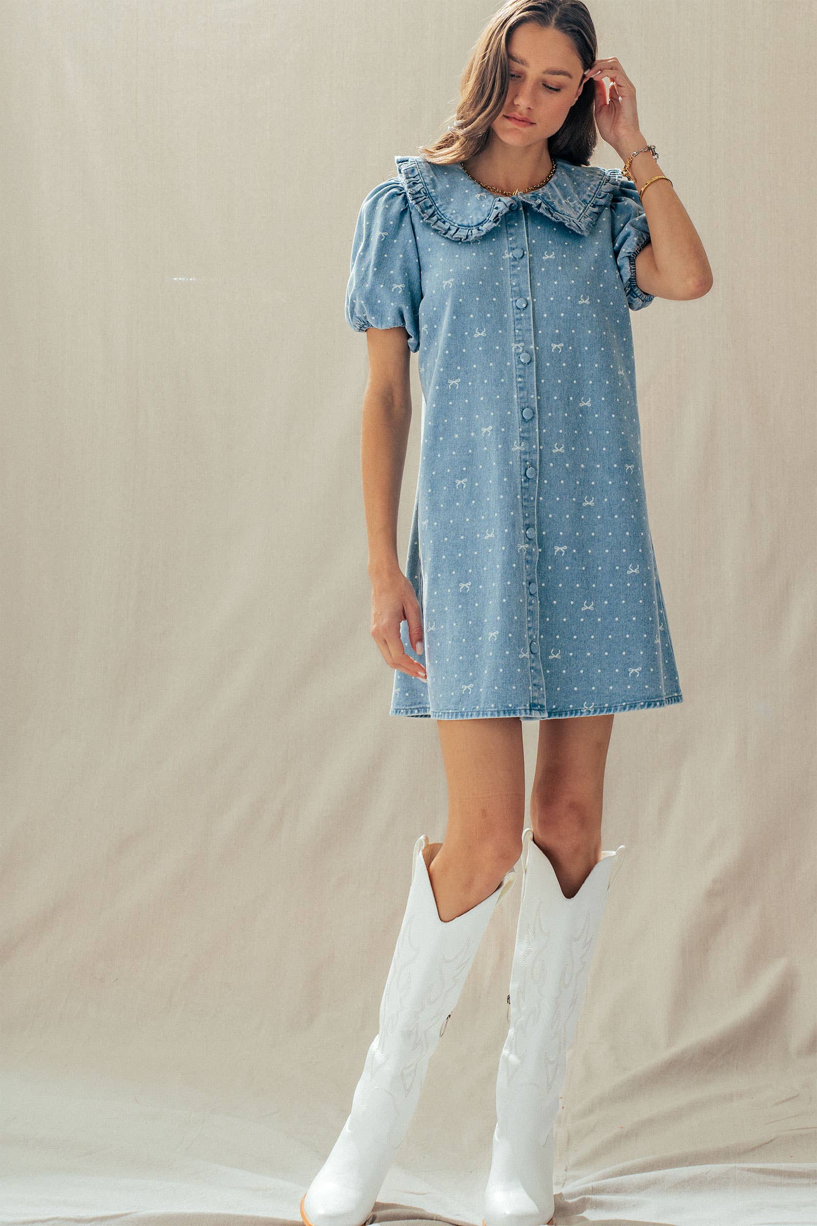 Bow Print Denim Mini Dress Ruffle Collar