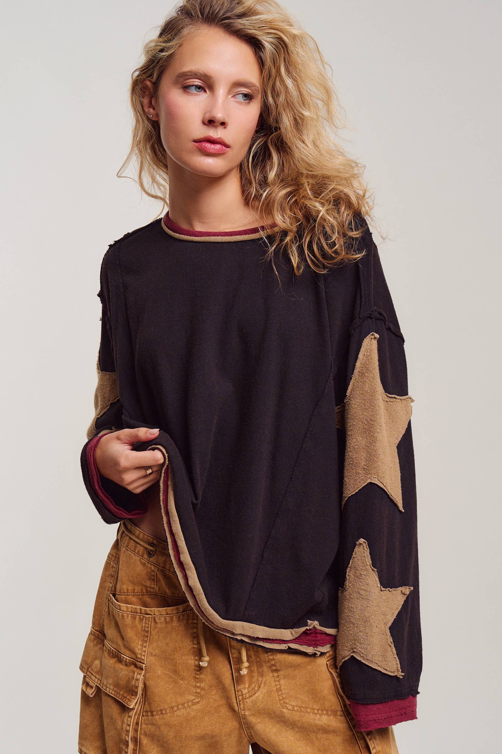 Urban Daizy Raw Seam Star Patch Slouchy Knit Top Brown Knit Top - Women's (UDTP1432-Brown) – alternate view 3