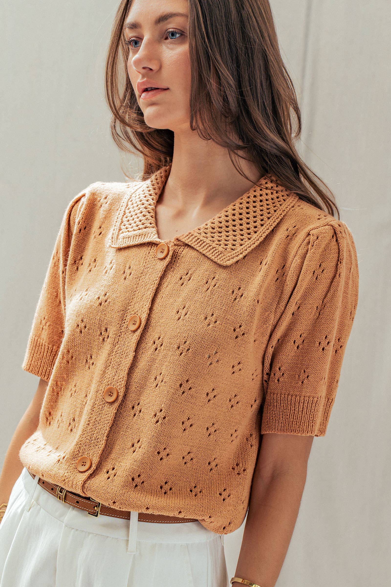 Urban Daizy Pointelle Knit Puff Sleeve Collared Cardigan Warm-Camel Cardigan - Women's (UDSW0345-Warm-Camel) – alternate view 3