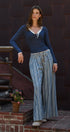 Striped Denim Wide Leg Palazzo Pants Vintage Wash Boho Coast in LT DENIM - Women's Casual Pants | Urban Daizy