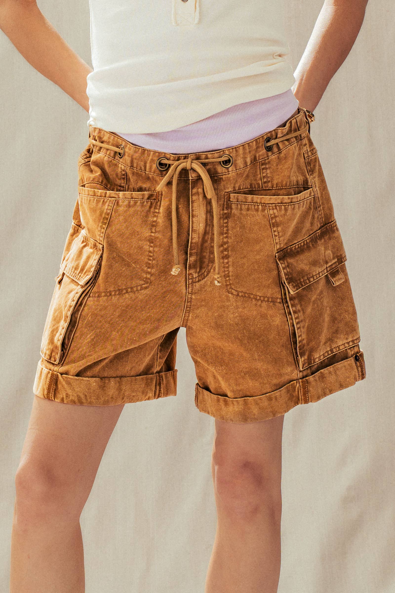 Urban Daizy Mineral Wash Cotton Utility Cargo Shorts Camel Shorts - Women's (UDZ-PT-00485)