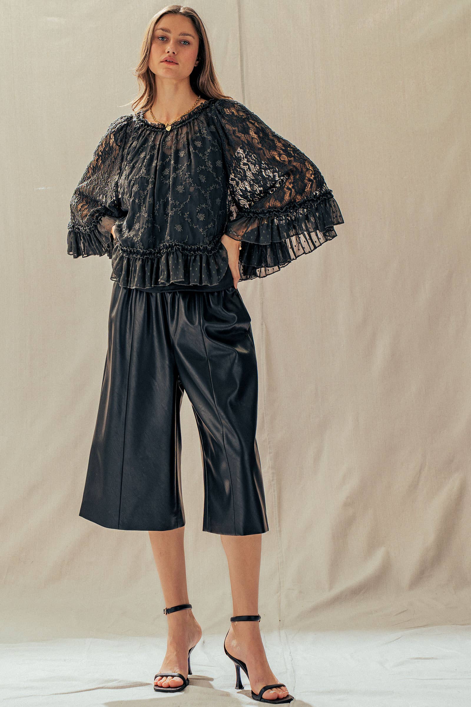 Swiss Dot Lace Top Ruffle Flutter Sleeve