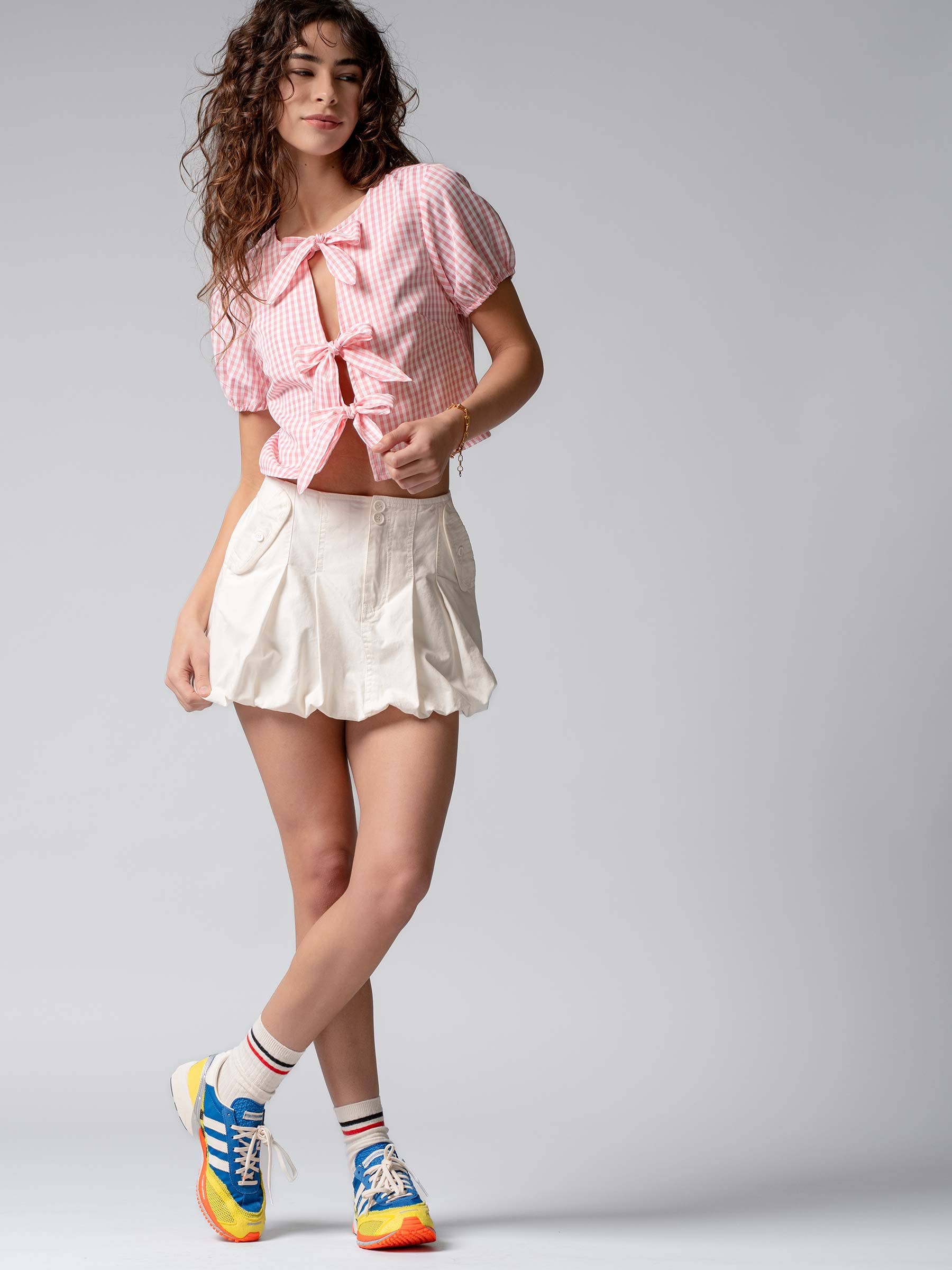 Urban Daizy Gingham Triple Bow Puff Sleeve Crop Top Pink Blouse - Women's (UDZ-TP-01033) – alternate view 11