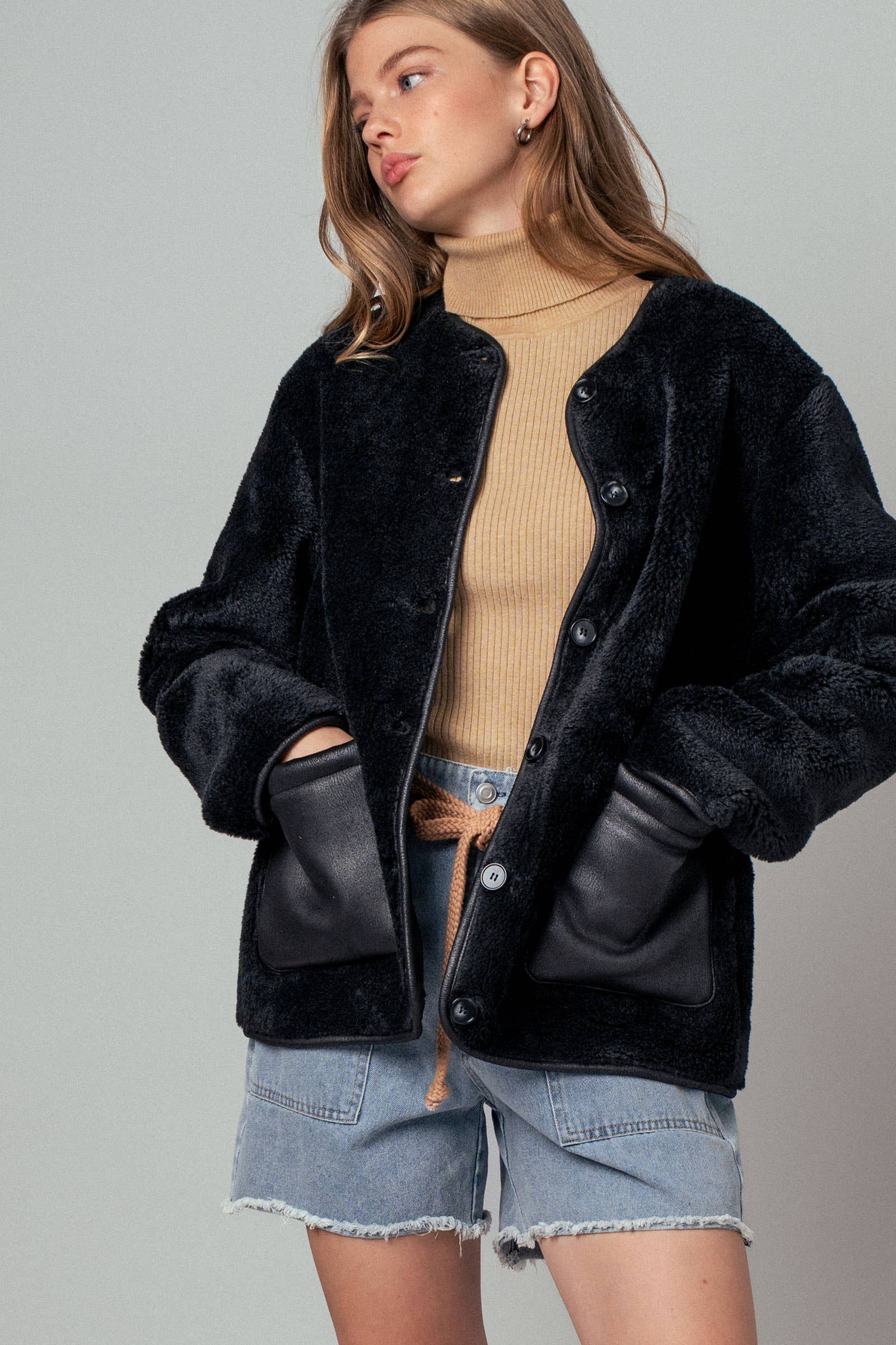 Faux Shearling Jacket with Suede Pockets