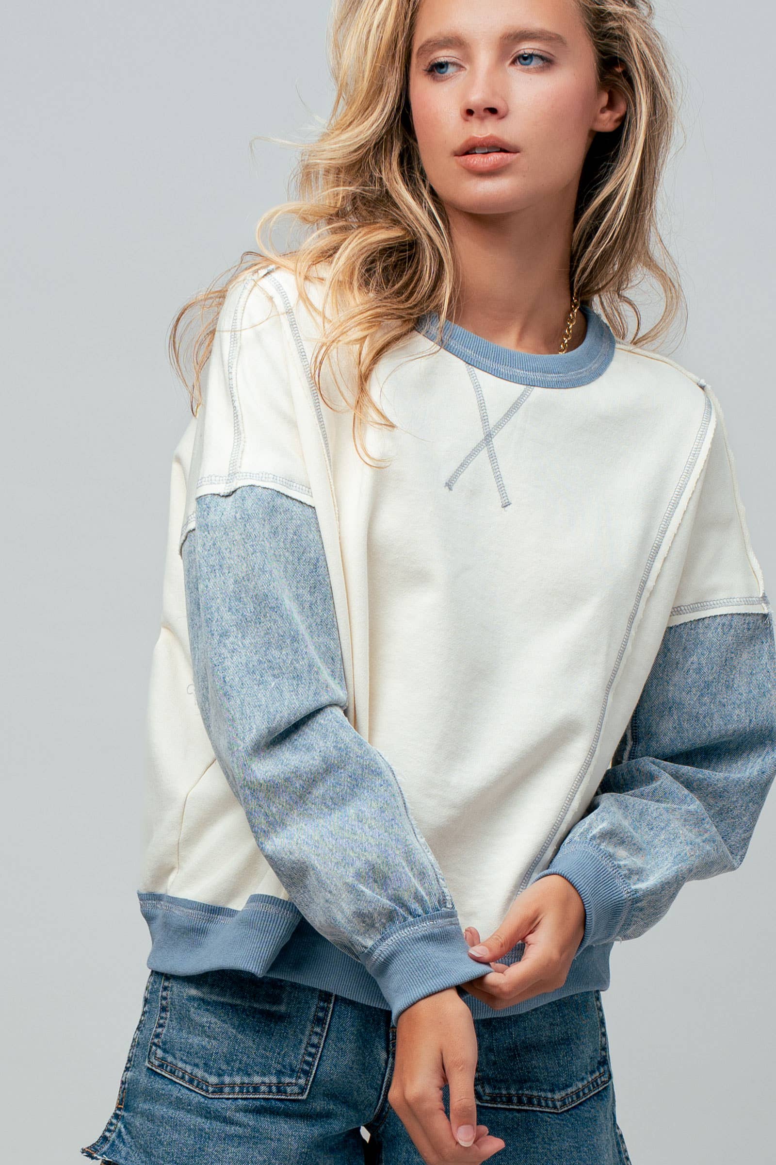 Contrast Denim Sleeve Mixed Media Pullover