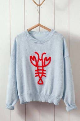 Urban Daizy Playful Lobster Embroidery Relaxed Knit Sweater Top Blue Knit Sweater - Women's (UDZ-SK-00127)