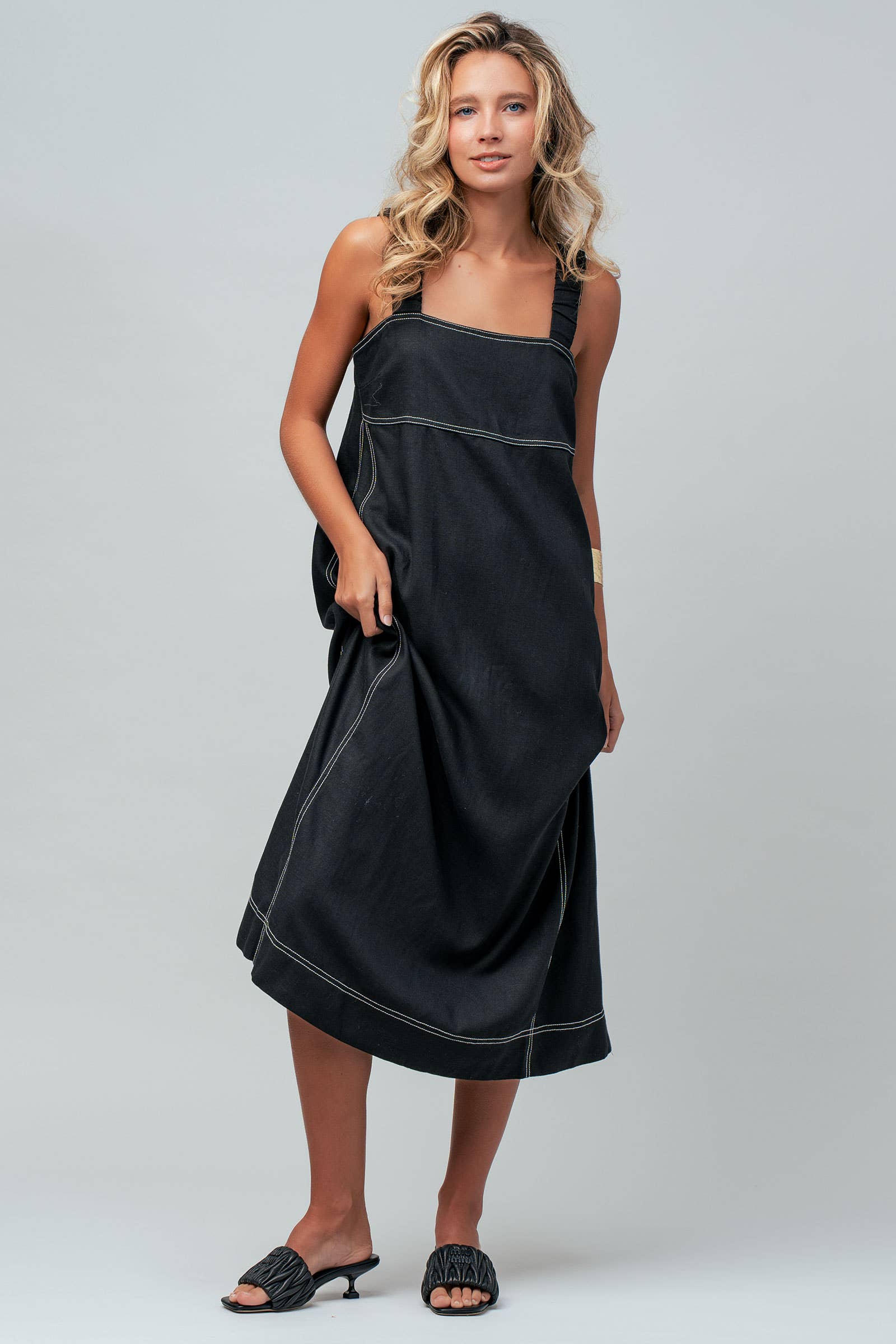 Contrast Stitch Square Neck Tencel Linen Midi Dress