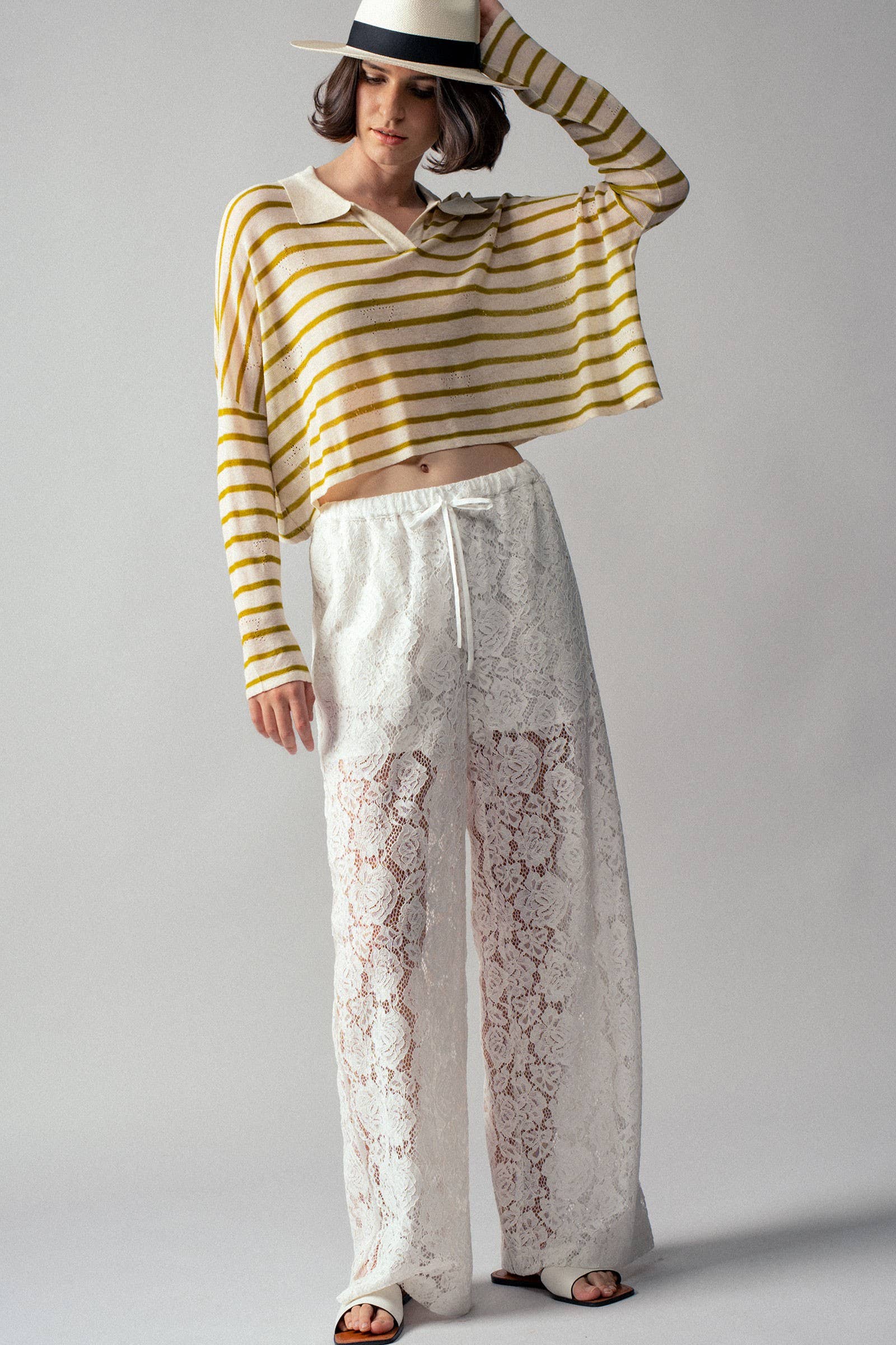 Urban Daizy Striped Eyelet Embroidered Cropped Polo Oatmeal Green Polo - Women's (UDZ-TP-00082) – alternate view 5