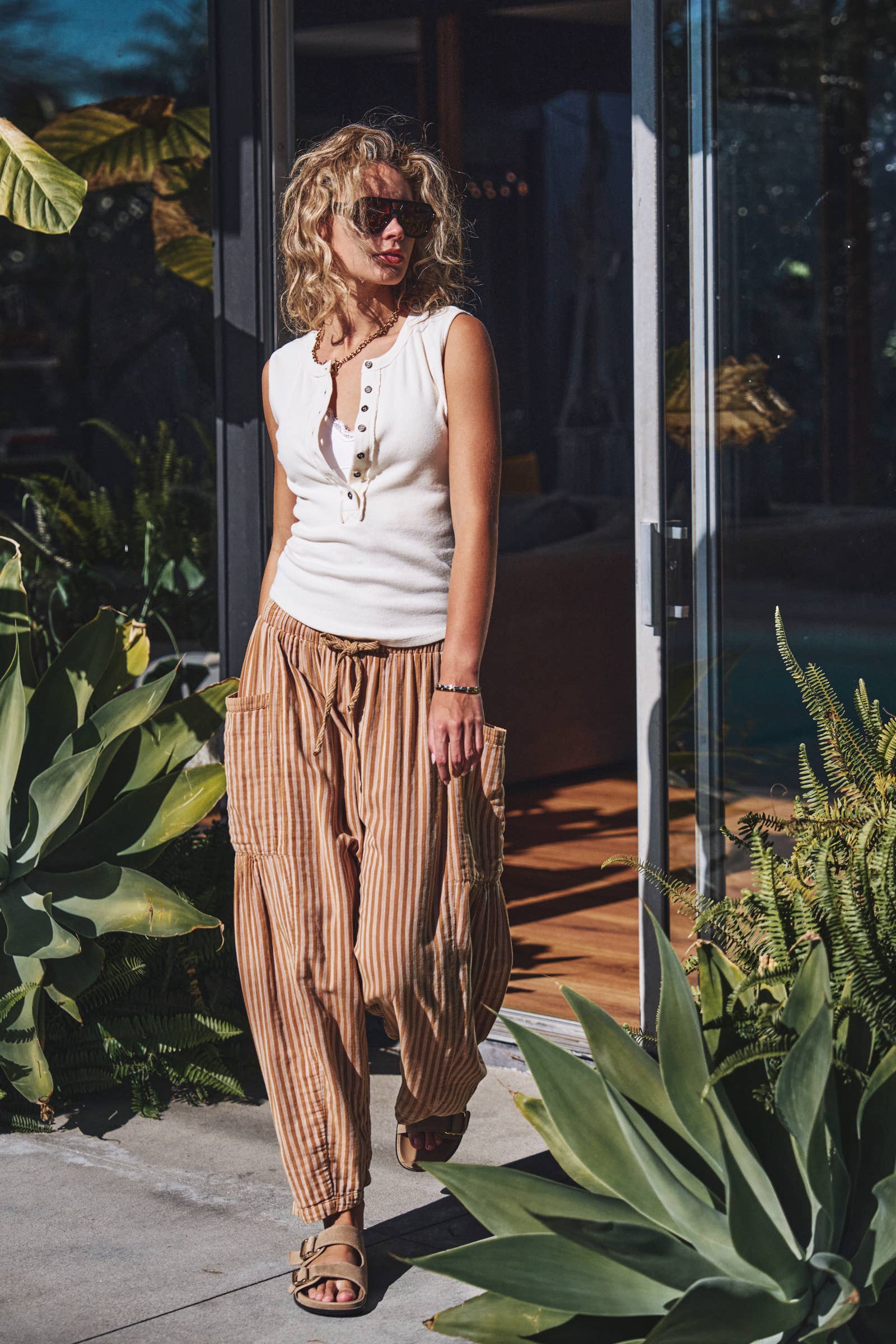 Striped Cotton Drawstring Harem Pants