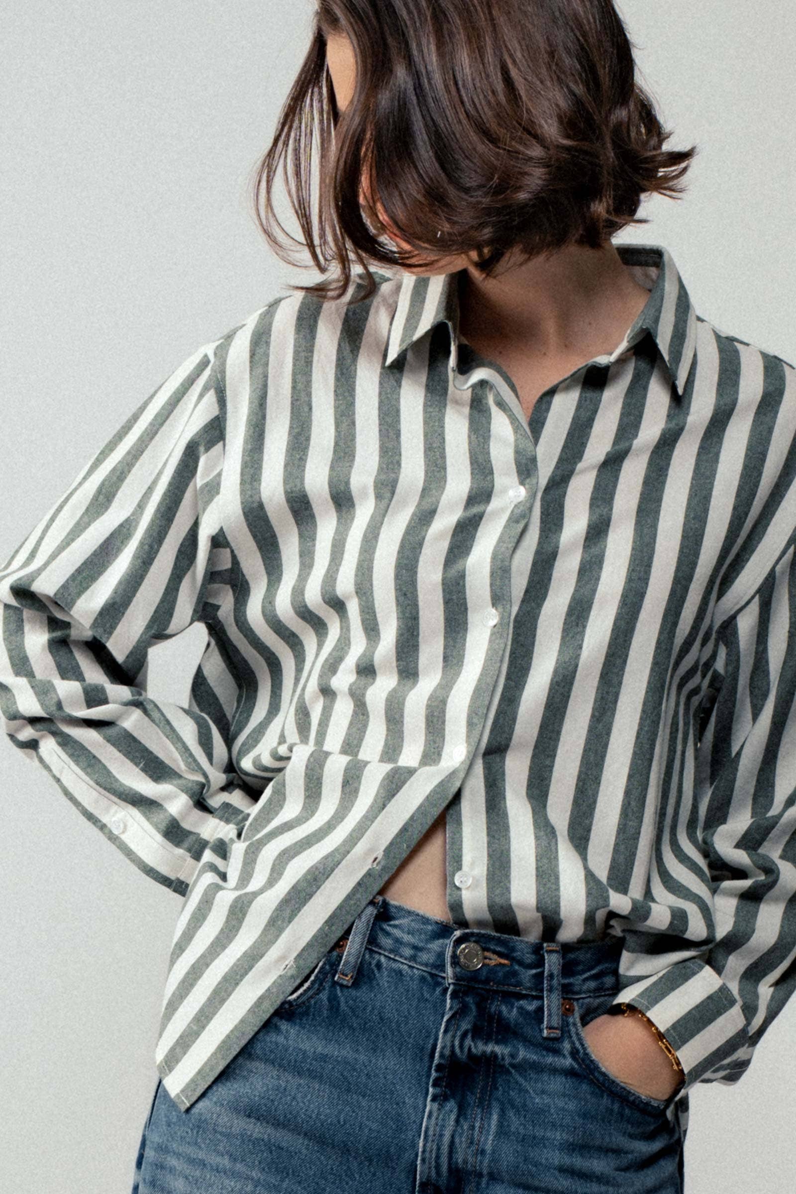 Urban Daizy Oversized Stripe Button Down Collared Shirt Blue Button Down Shirt - Women's (UDZ-TP-00759) – alternate view 10