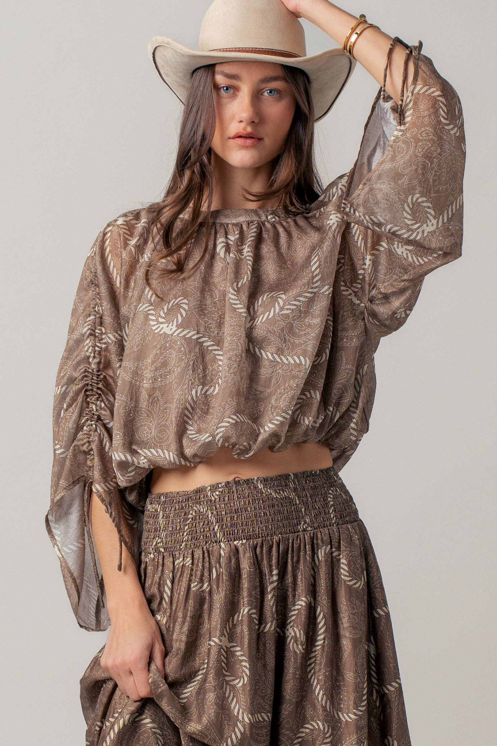 Rope Print Ruched Sleeve Blouse Linen Silk Blend