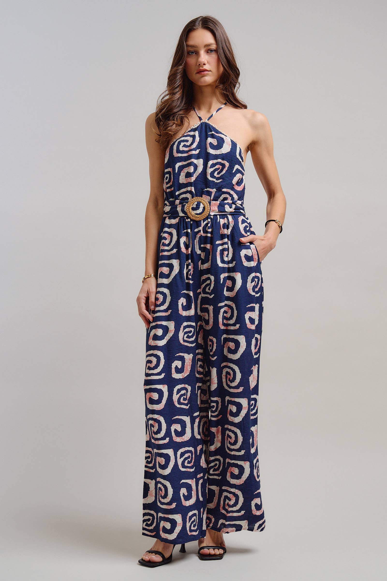 Urban Daizy Geometric Print Halter Belted Wide Leg Jumpsuit Blush Jumpsuit - Women's (TNJU0181-Blush) – alternate view 17