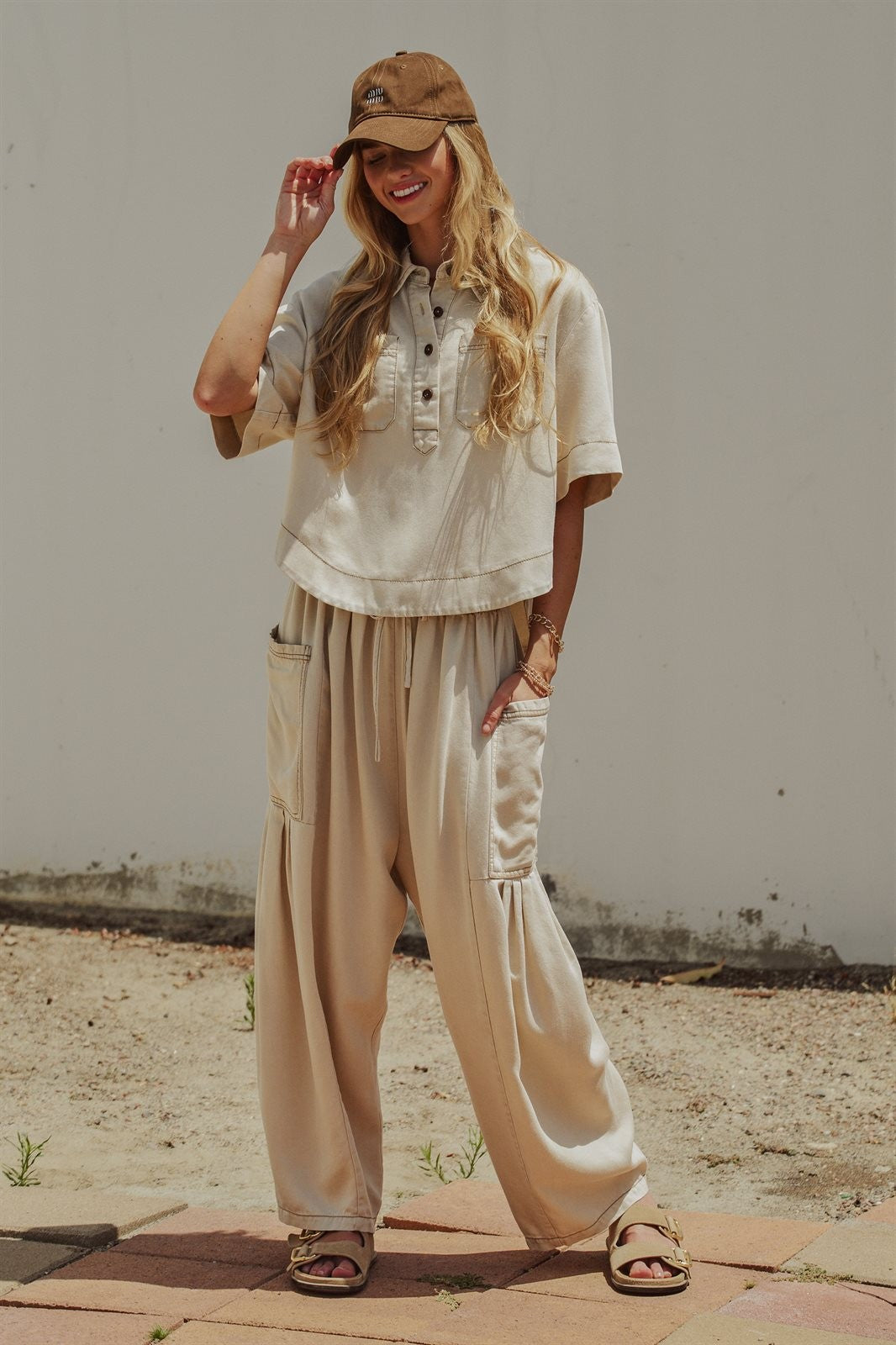 Washed Utility Half-Placket Cropped Shirt in TAUPE	 - Women's Tops | Urban Daizy