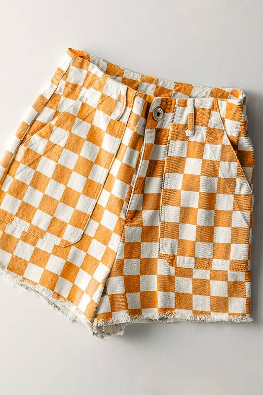 Retro Checkerboard Raw Hem Denim Shorts