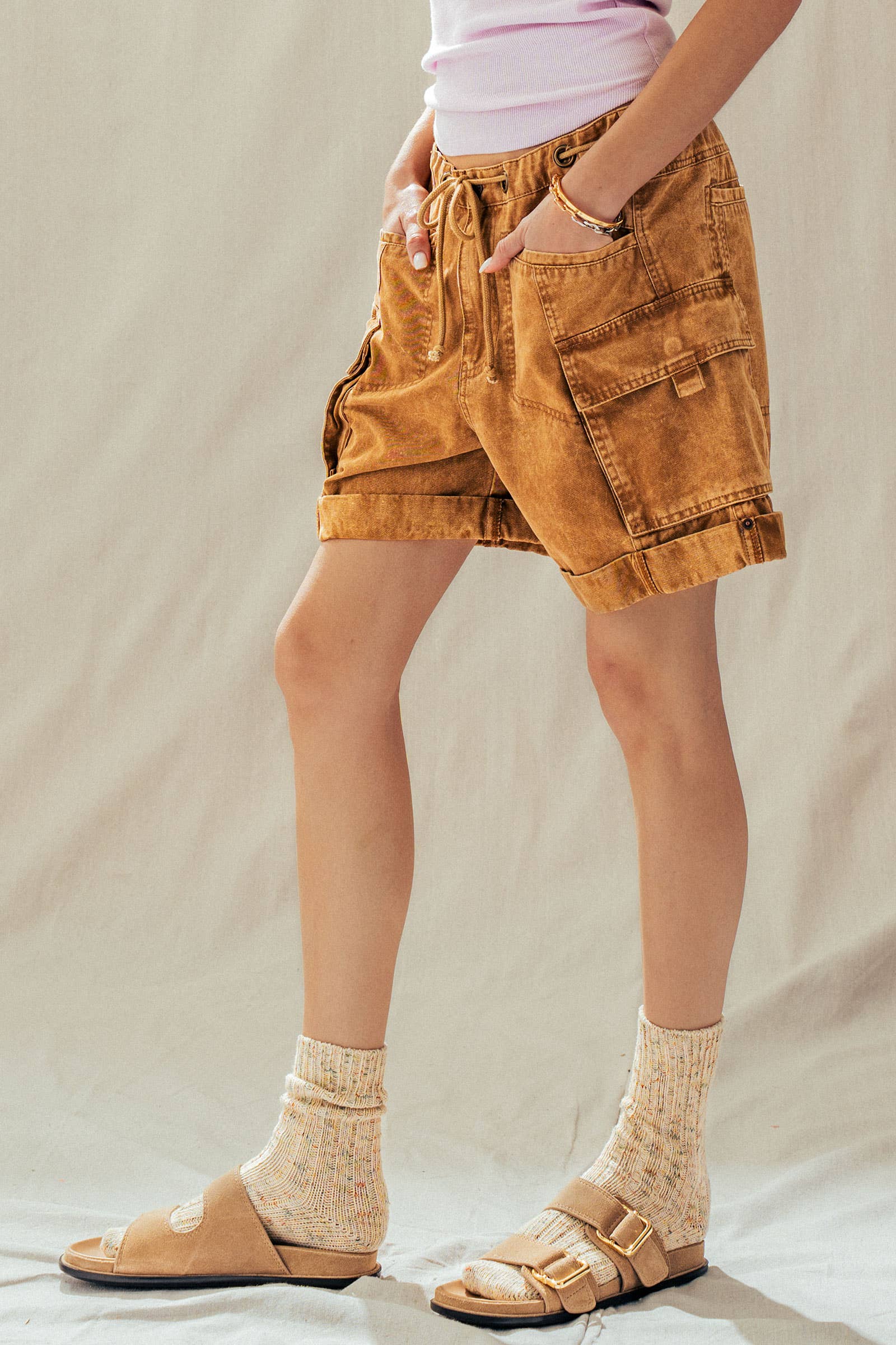 Urban Daizy Mineral Wash Cotton Utility Cargo Shorts Camel Shorts - Women's (UDZ-PT-00485) – alternate view 15