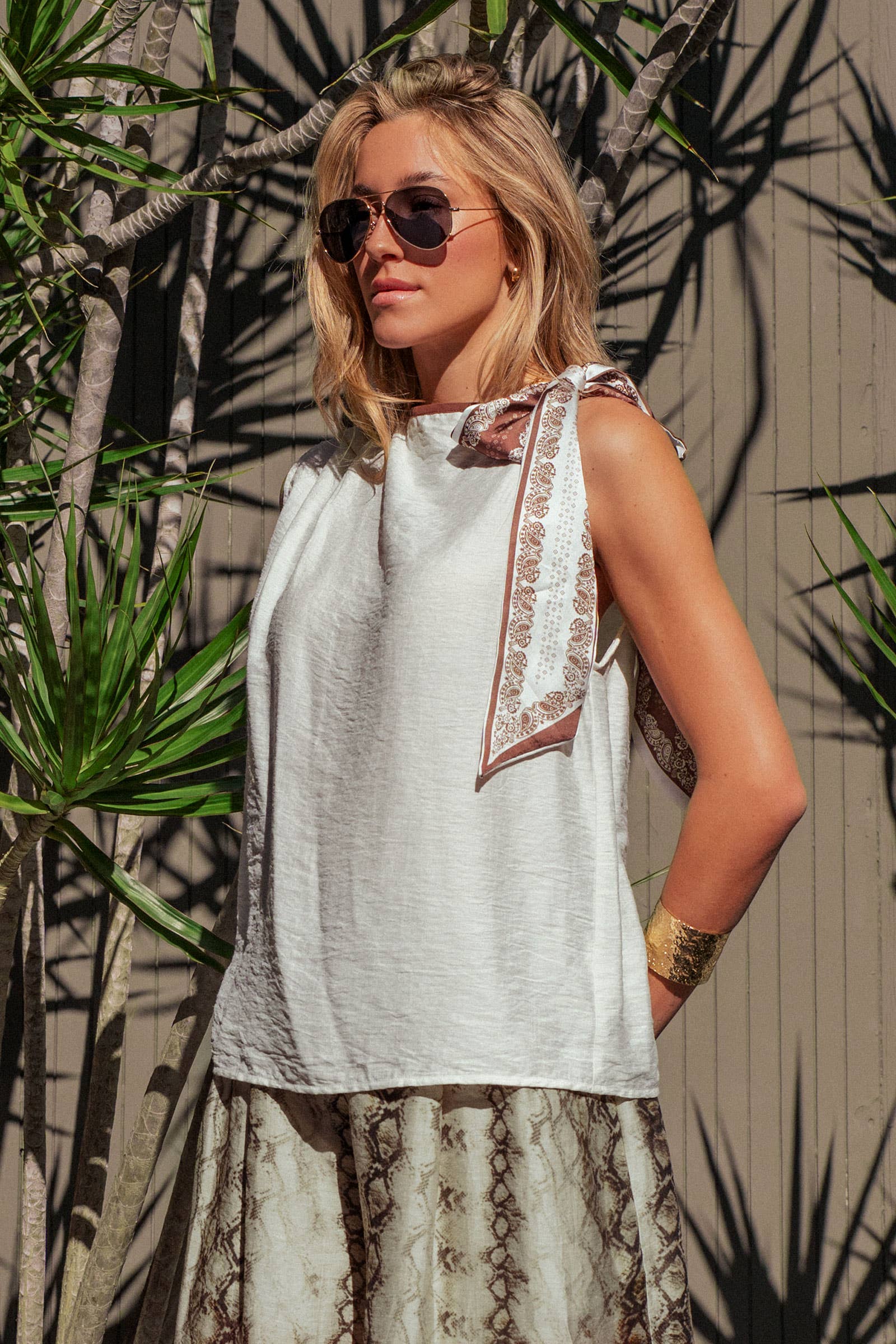 Urban Daizy Paisley Scarf Tie Shoulder Linen Blend Top White Blouse - Women's (UDZ-TP-01042) – alternate view 8