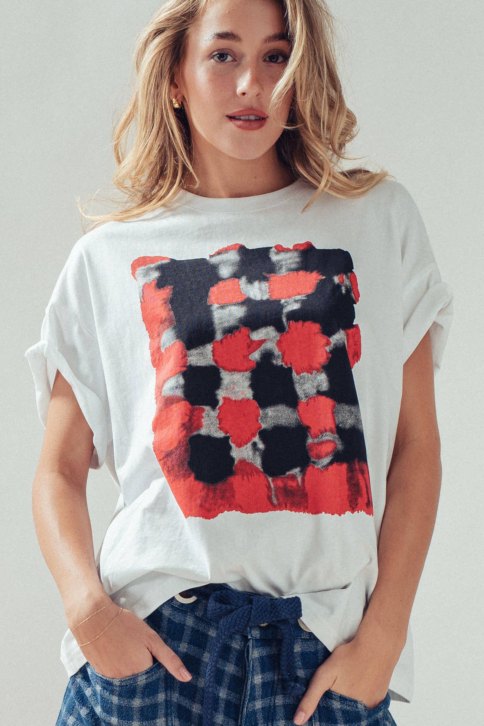 Urban Daizy Abstract Painted Graphic Rolled Sleeve Tee Blue Screen Printed T-Shirt - Women's (UDZ-TP-01002)