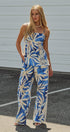 Satin Wide-Leg Pants Set with Crop Top in BLUE IVORY - Women's Pants Sets | Urban Daizy