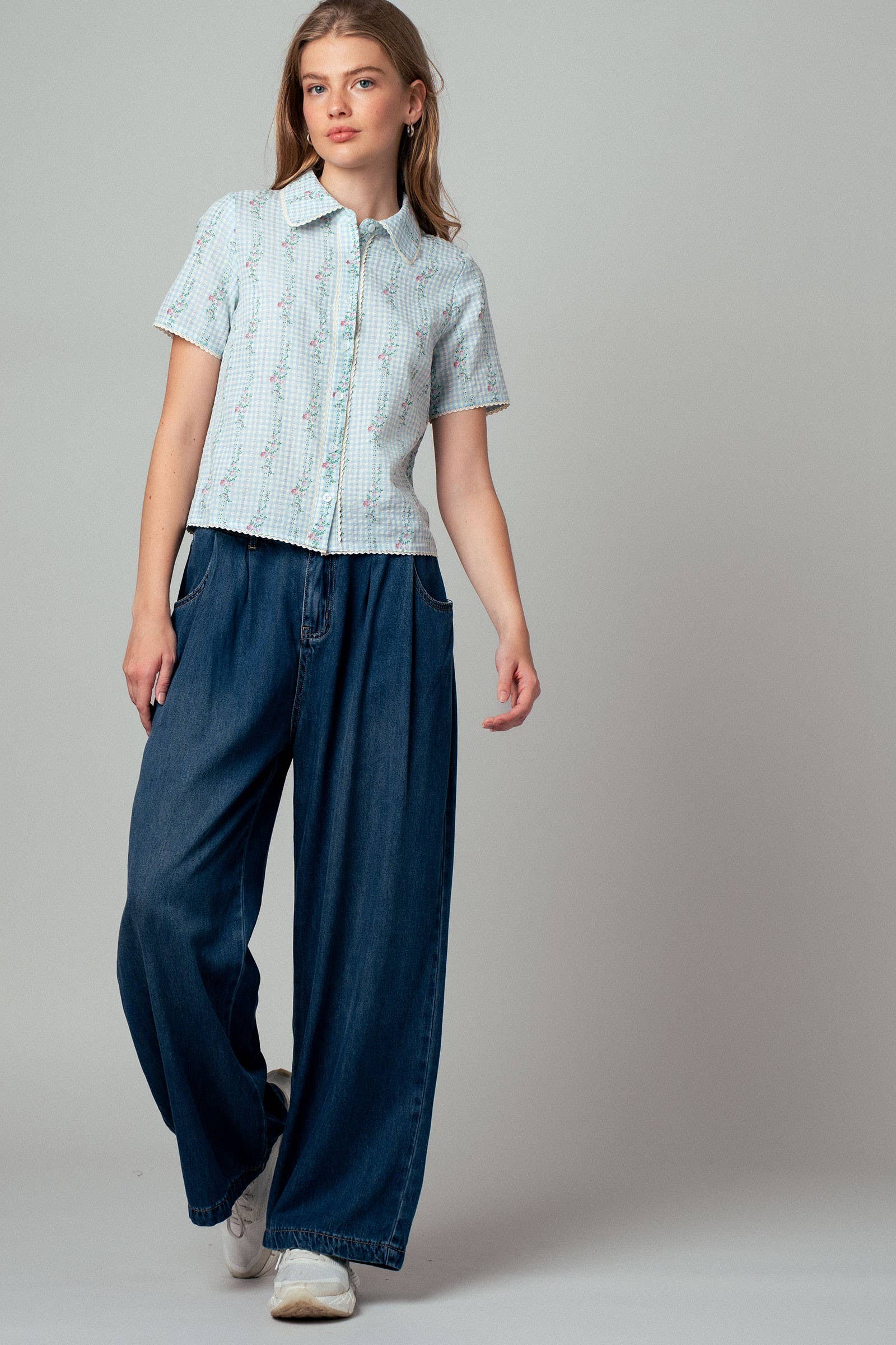 Gingham Floral Lace Trim Peter Pan Collar Shirt