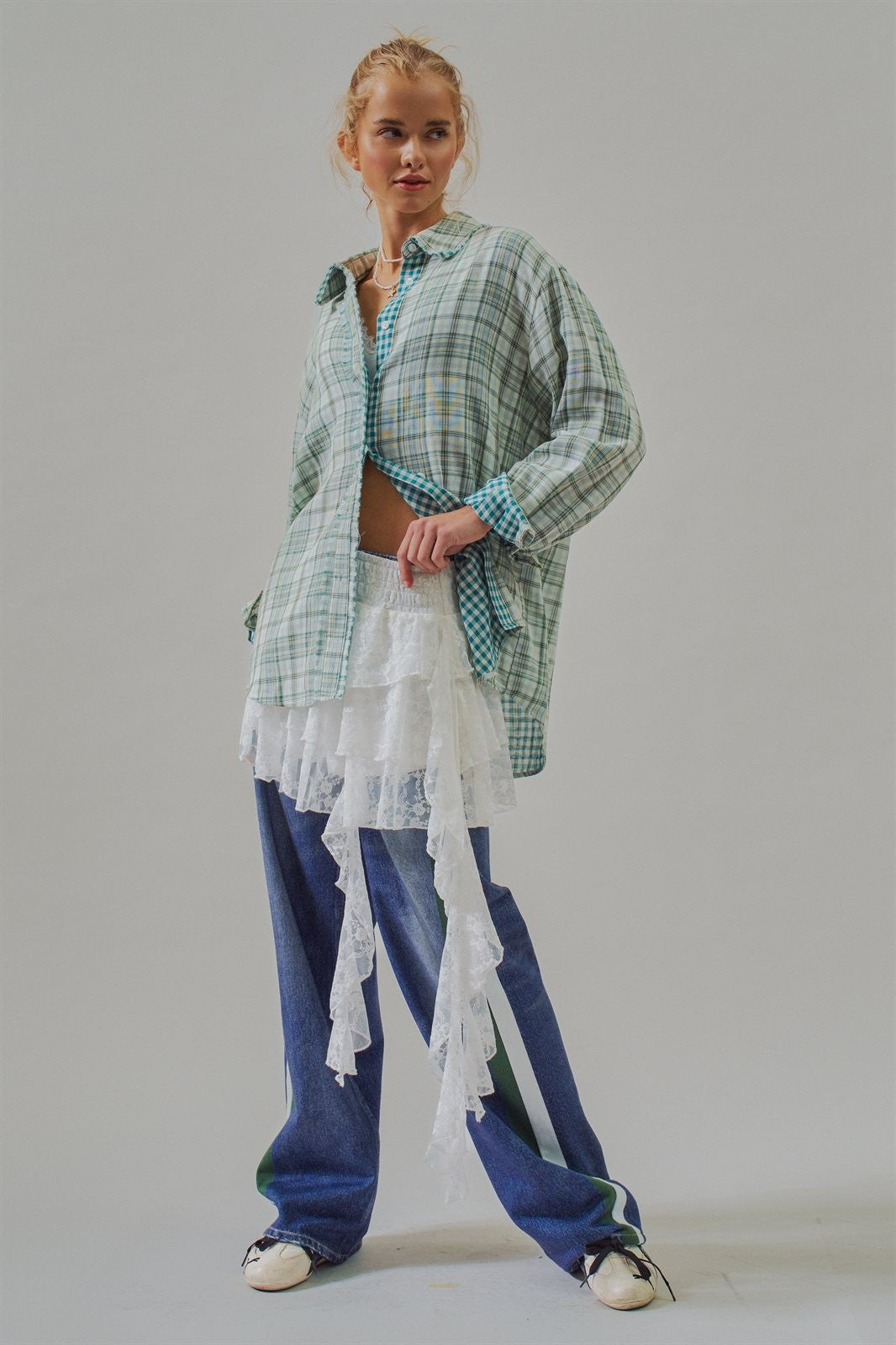 Oversized Plaid Cotton Button-Down Shirt in GREEN - Women's Shirts & Blouses | Urban Daizy