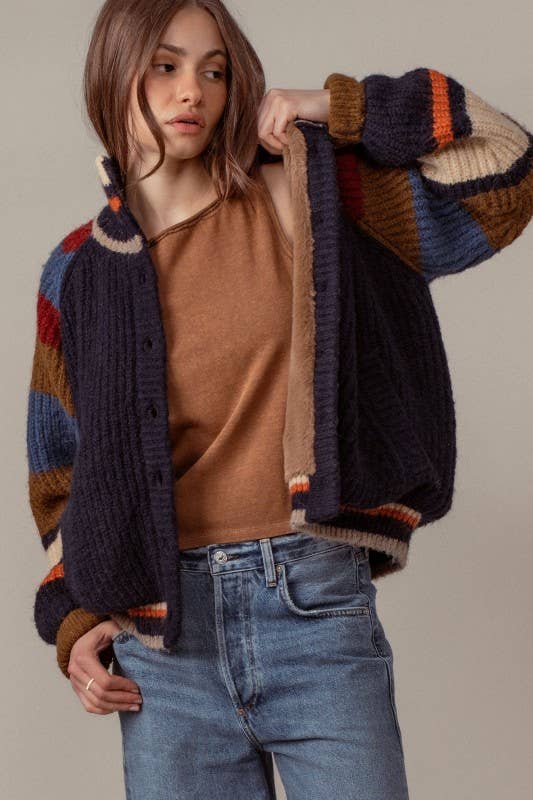 Urban Daizy Chunky Rib-Knit Faux Fur Lined Cardigan Navy Cardigan - Women's (UDZ-KN-00652) – alternate view 4