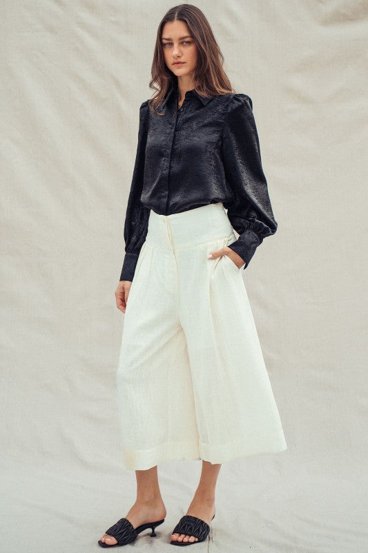 Metallic Shimmer Button Down Blouse with Puff Sleeves in BLACK - Women's Shirts & Blouses | Urban Daizy