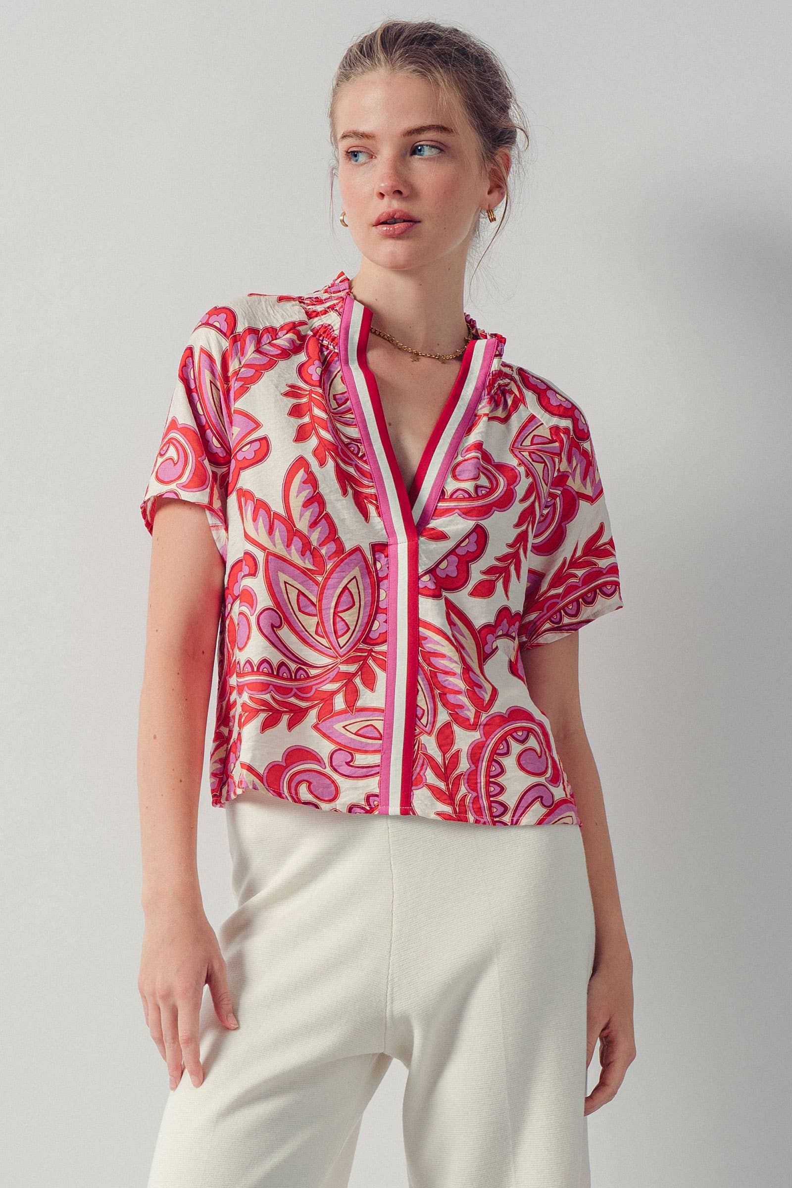 Paisley Smocked High-Neck V-Neck Blouse