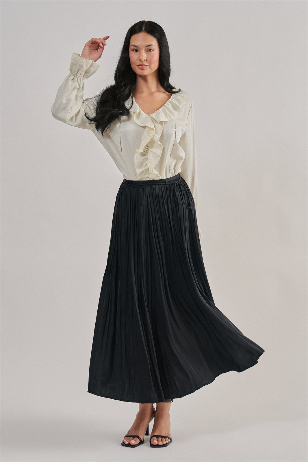 Washed Satin Crinkle Pleated Maxi Skirt in BLACK - Women's Maxi Skirts | Urban Daizy