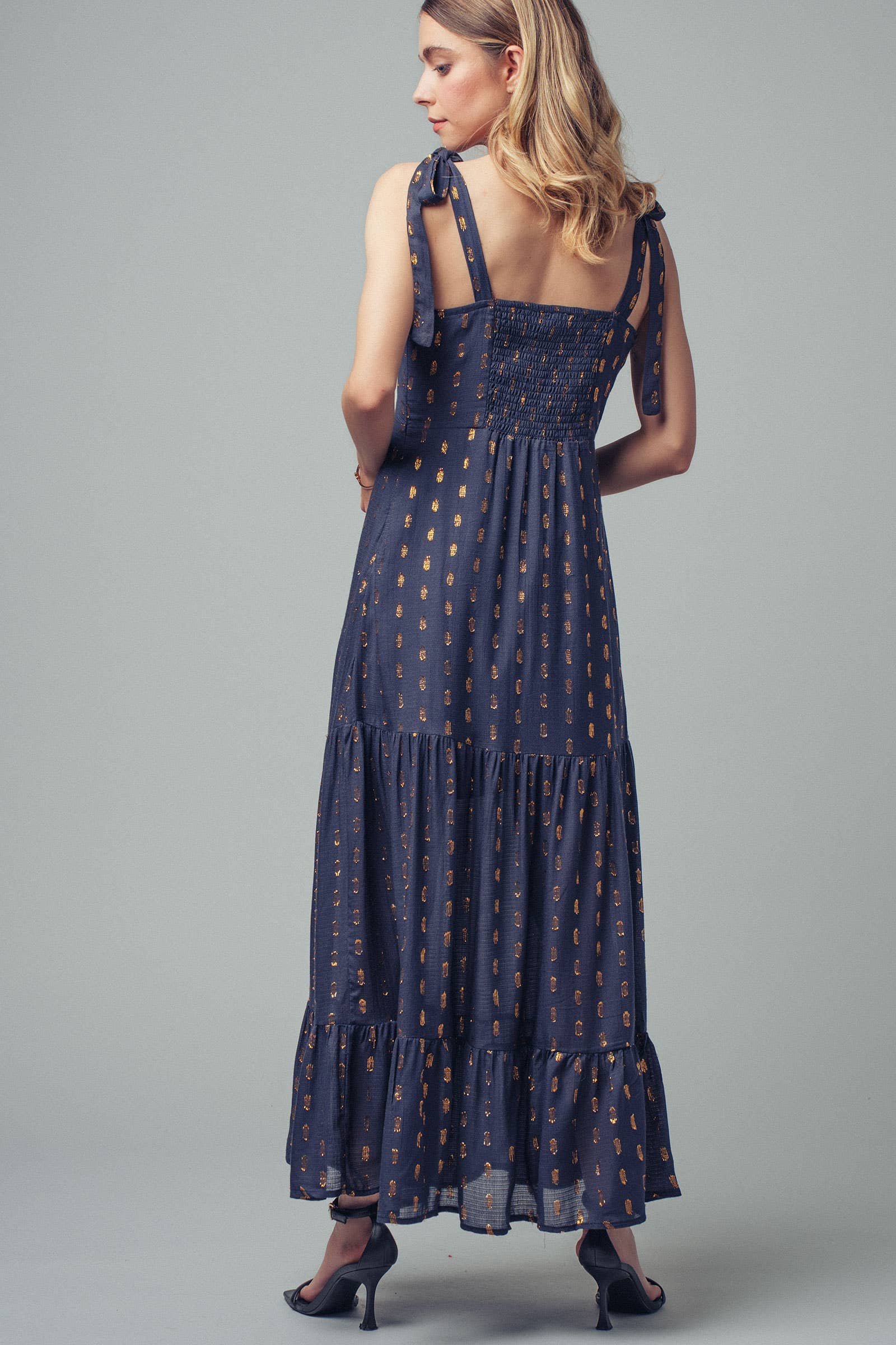 Urban Daizy Metallic Tie-Shoulder Smocked Maxi Dress Navy-Gold Dress - Women's (UDZ-KN-00657) – alternate view 6