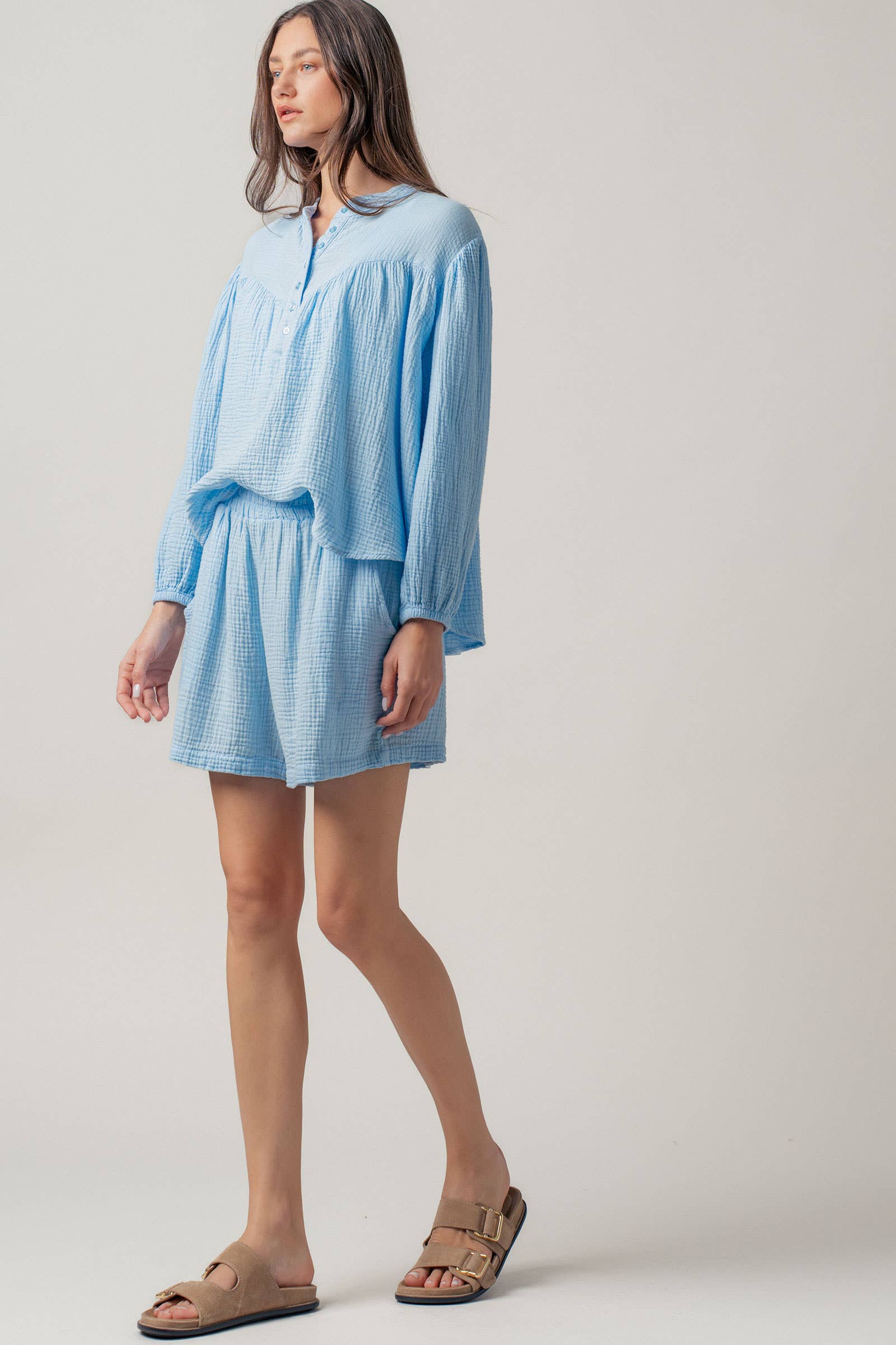 Garment Dyed Cotton Gauze Button Down Top And Shorts Set
